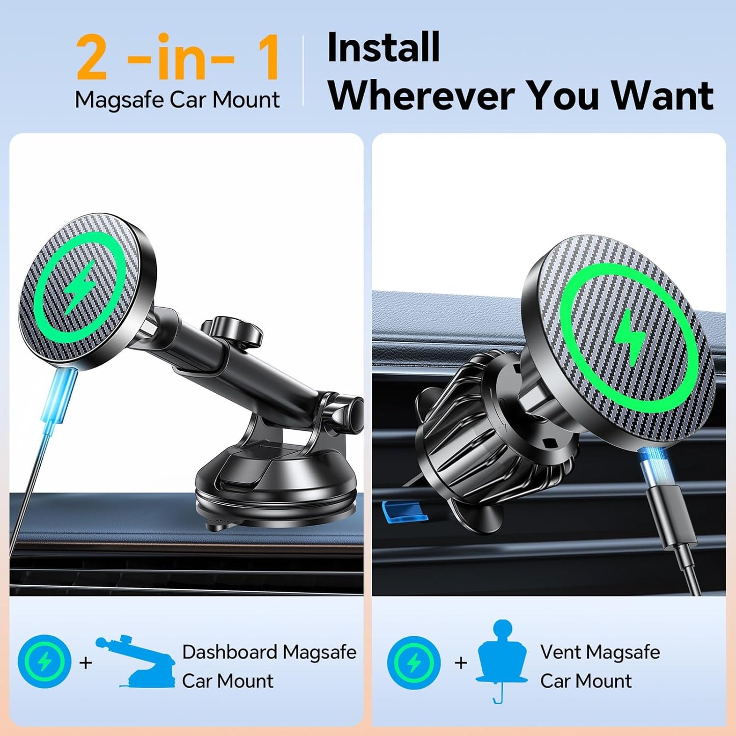 Coolpow 17 for MagSafe Car Mount ChargerUltra Magnet Magnetic Phone Holders for Your Car ChargerWindshield+Vent+Dash