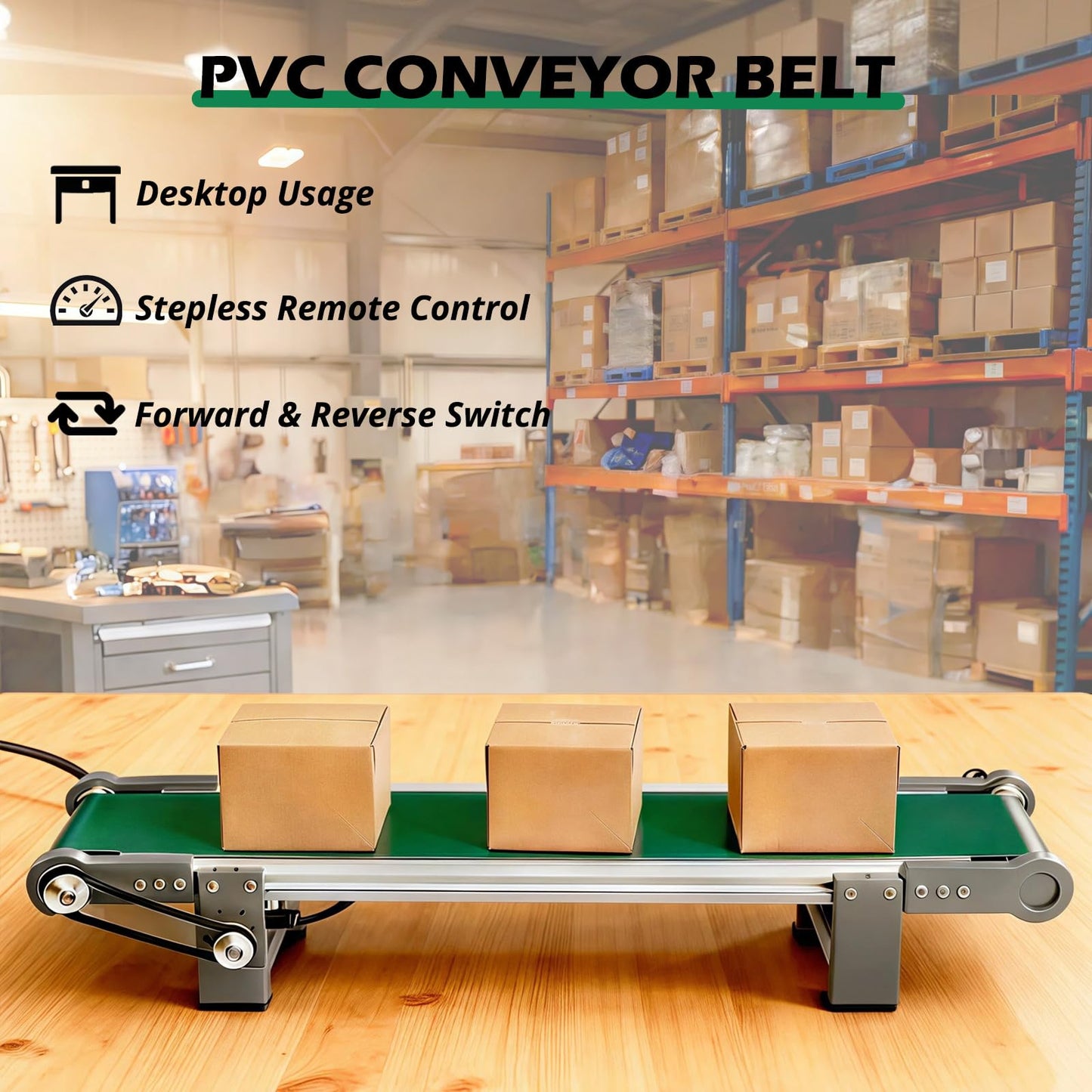UCEXPLAB 20 inch Electric Desktop Conveyor Belt 10x50CM, 0-167RPM with Forward and Reverse Switch Stepless Speed Adjustment PVC Belt Conveyor for Friction Experiment Model, Production Line, Home DIY