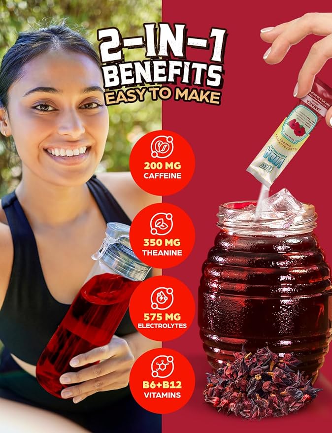Hydration + Energy Electrolyte Drink Mix ??Hibiscus Agua Fresca Flavor | Sugar-Free Powder with Caffeine, L-Theanine, Coconut Water & Minerals | 15 Single-Serve Stick Packs, Low Calorie