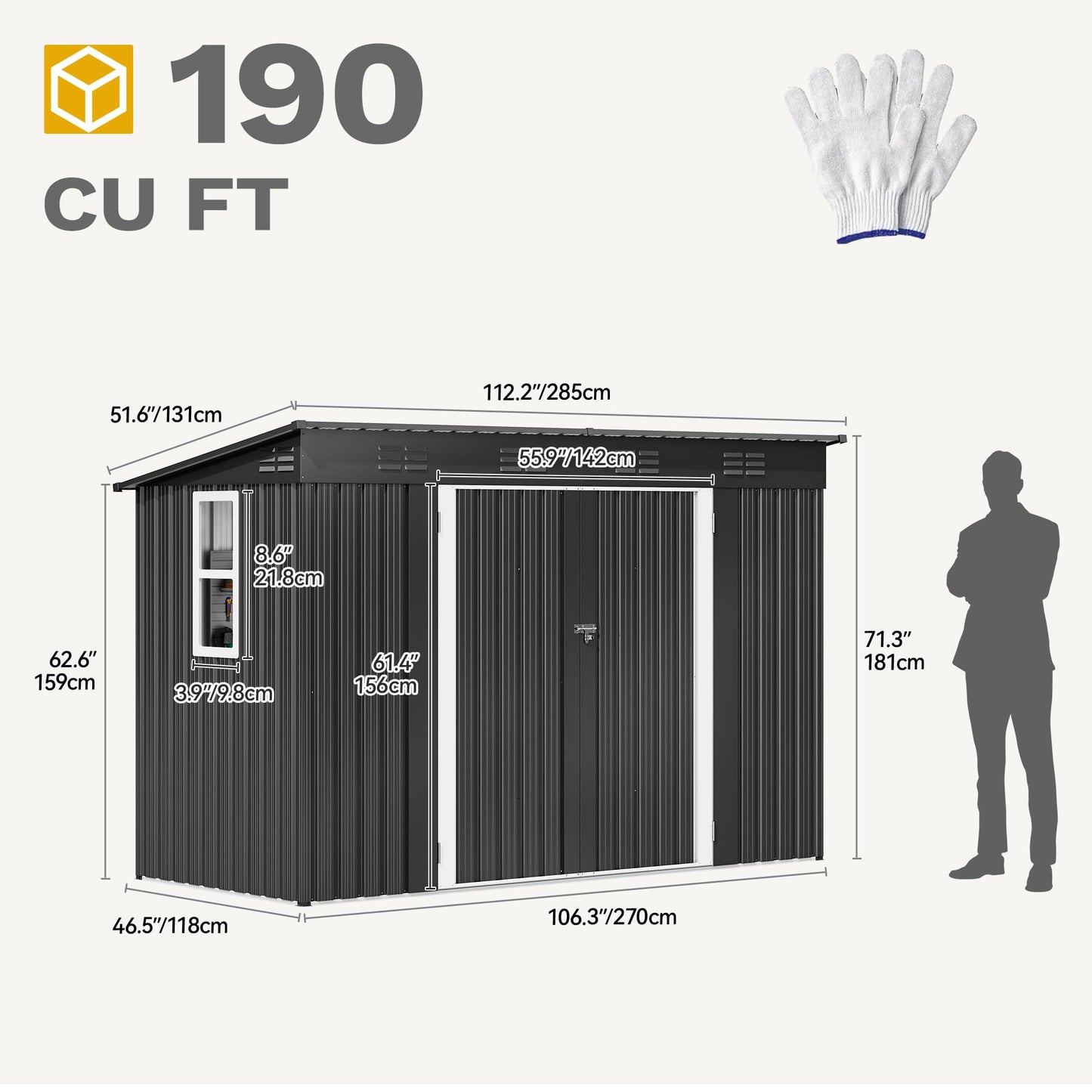 DWVO 9x4ft Metal Outdoor Storage Shed with Window, Lockable Tool Storage Sheds, Oversized Steel Garden Sheds with Sloped Roof for Backyard, Patio, Garage, Lawn, Dark Gray