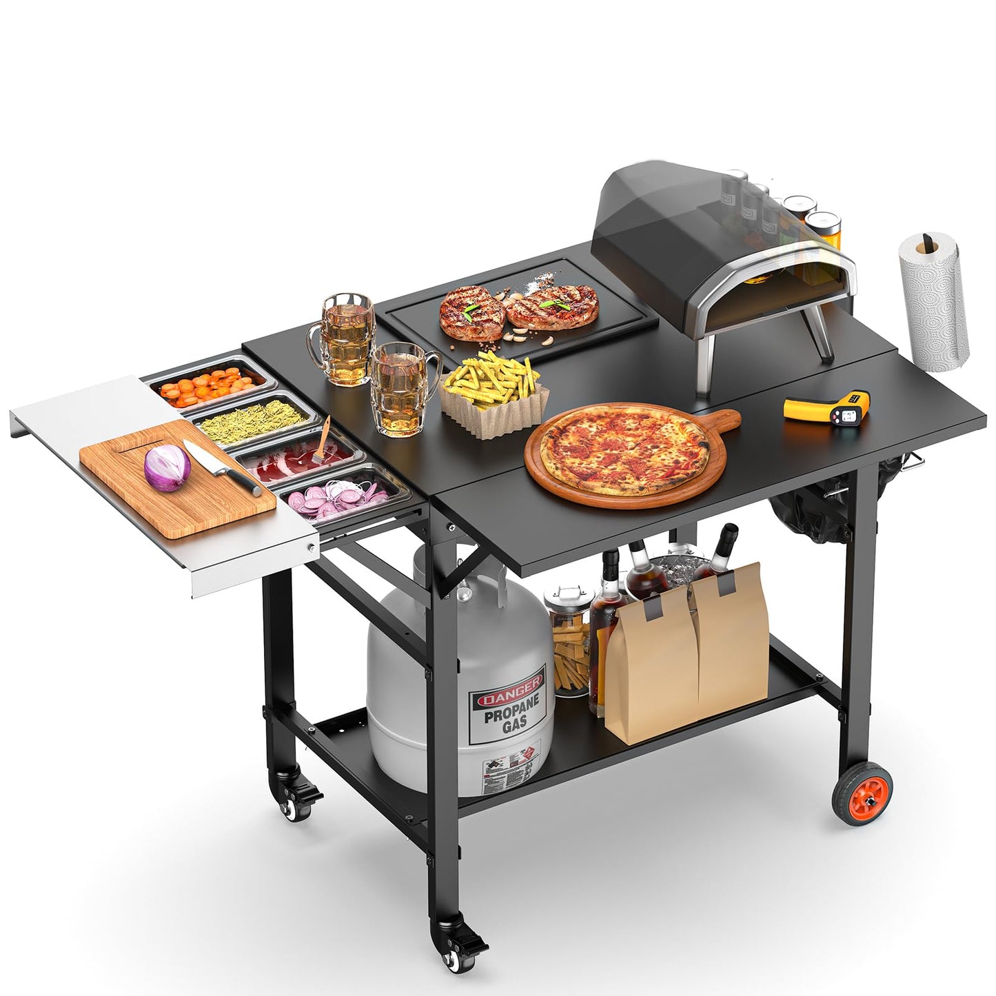 Pizza Oven Table for Ooni Pizza Ovens, Grill Cart Table with Topping Station, Pizzas Stands with Wheels, Expansive Countertop Pizzas Oven Accessories for Party Fits Blackstone Ninja Cuisinart Gozney