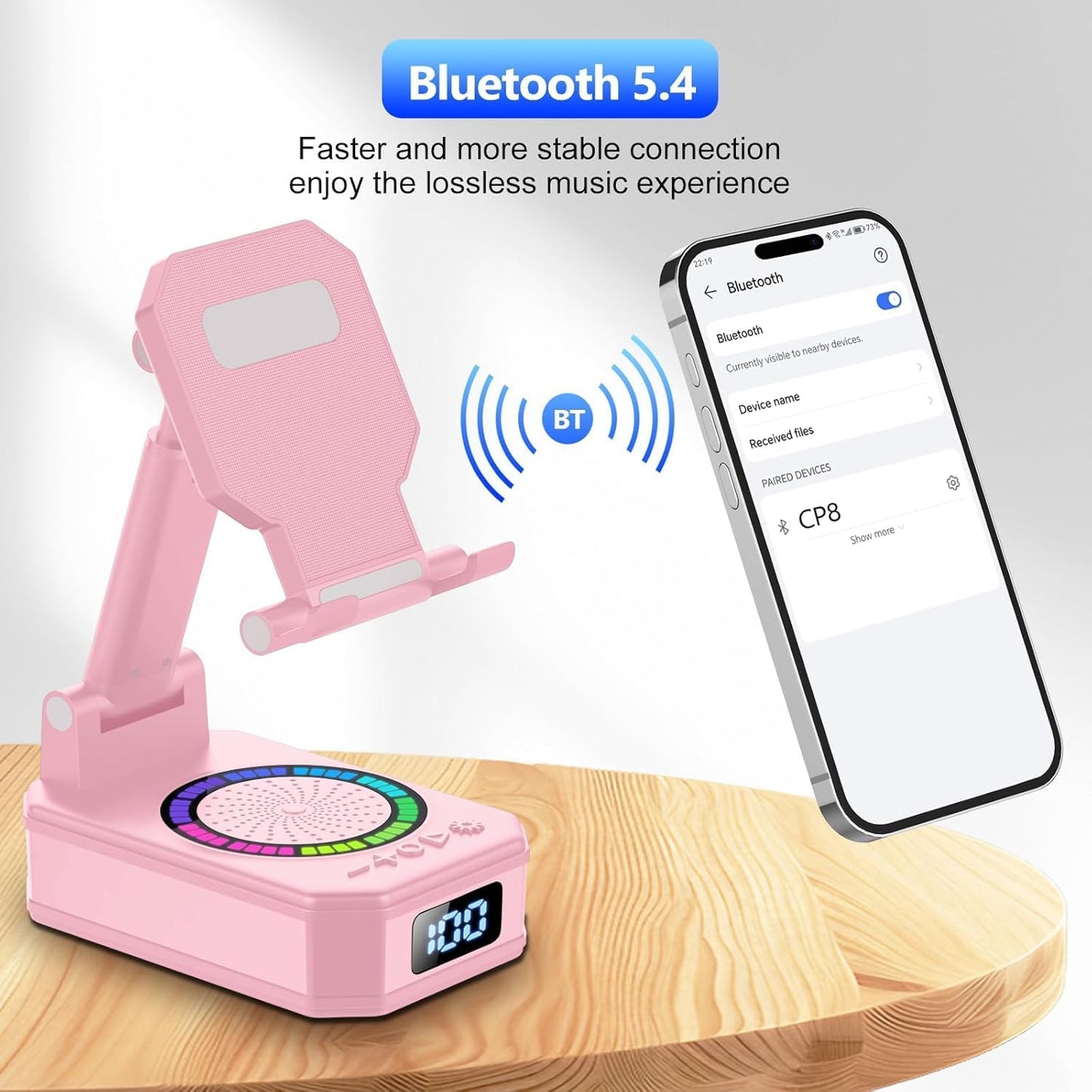 buwy 8 Cell Phone Stand with Wireless Bluetooth Speaker and RGB Ambient Light, Anti-Slip Base HD Surround Sound