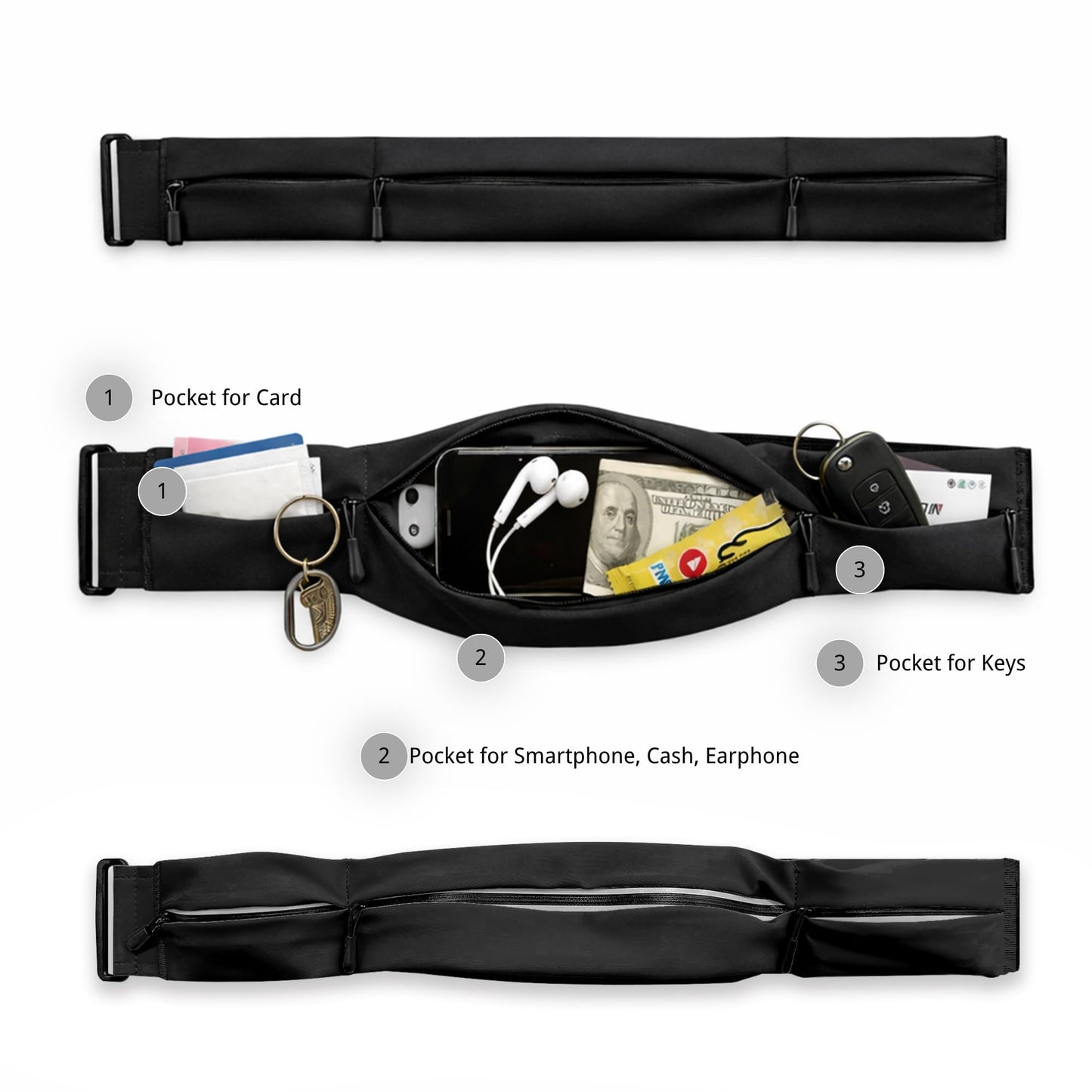 Running Belt for Men Women, Water-resistant Fanny Pack with 3 Zipper Pockets & Reflective Safety Strips, Adjustable Waist Pack Jogging Pouch for Phone, Keys & Essentials (Black, Small)