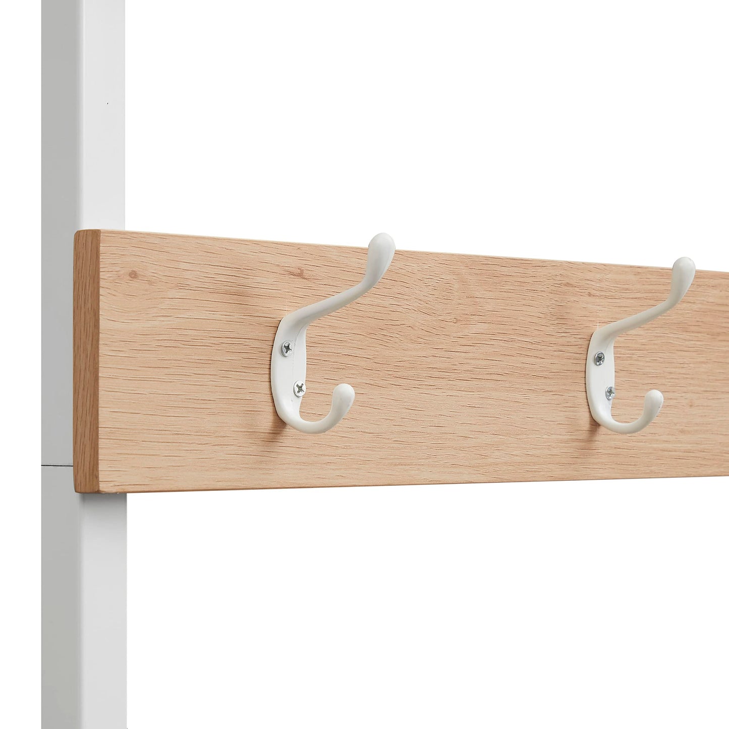 Linon Shaymus White Metal Hall Tree with Natural Wooden Topped Bench and Shelf with Multiple Hanging Hooks