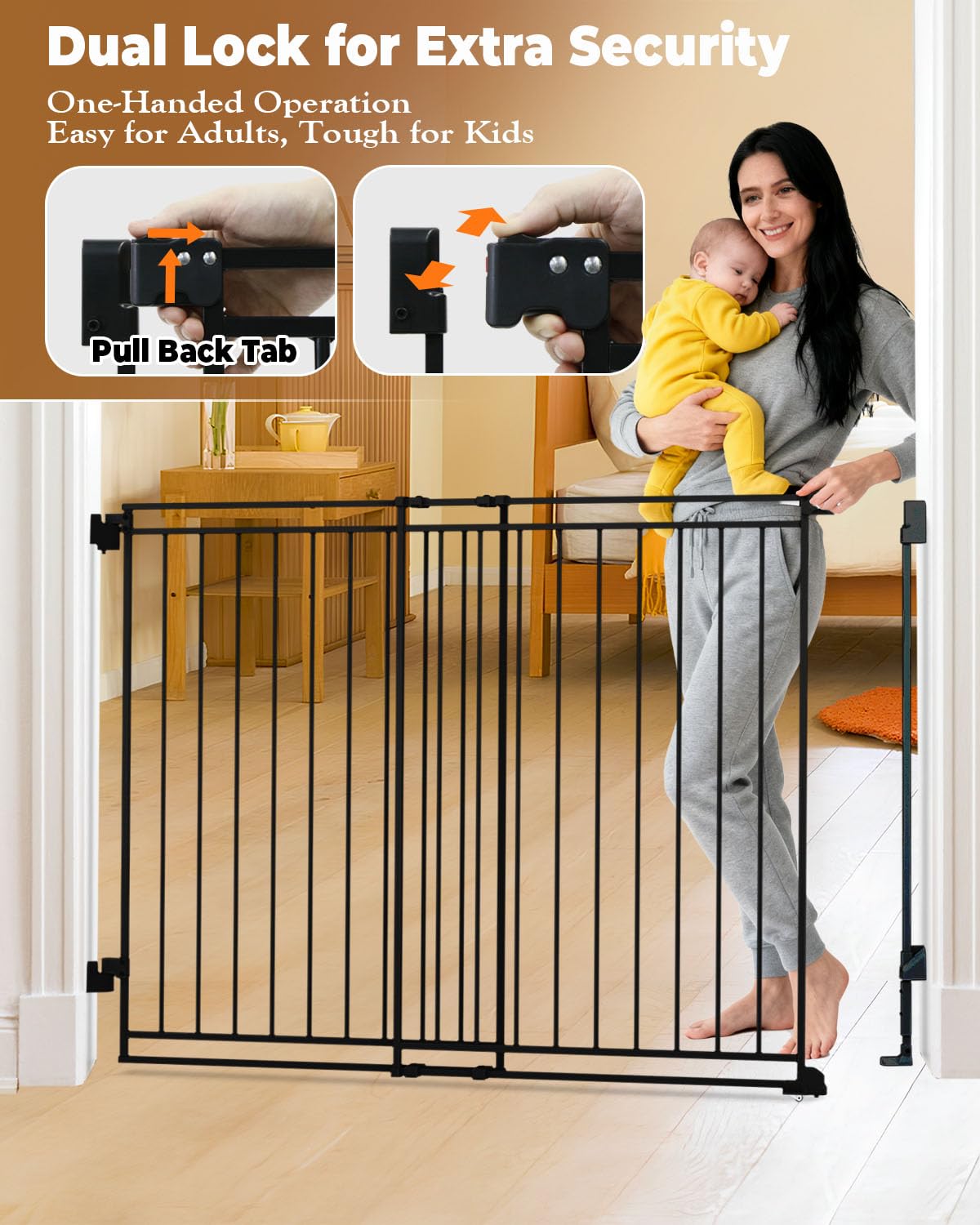 34-53" No Bottom Bar Baby Gates Dog Gate for Stairs, 39" Extra Tall Child Safety Gate with Auto Close Design, Large Walk Thru Door, Extra Wide Hardware Mount Pet Gate for Doorways Deck Indoor Outdoor