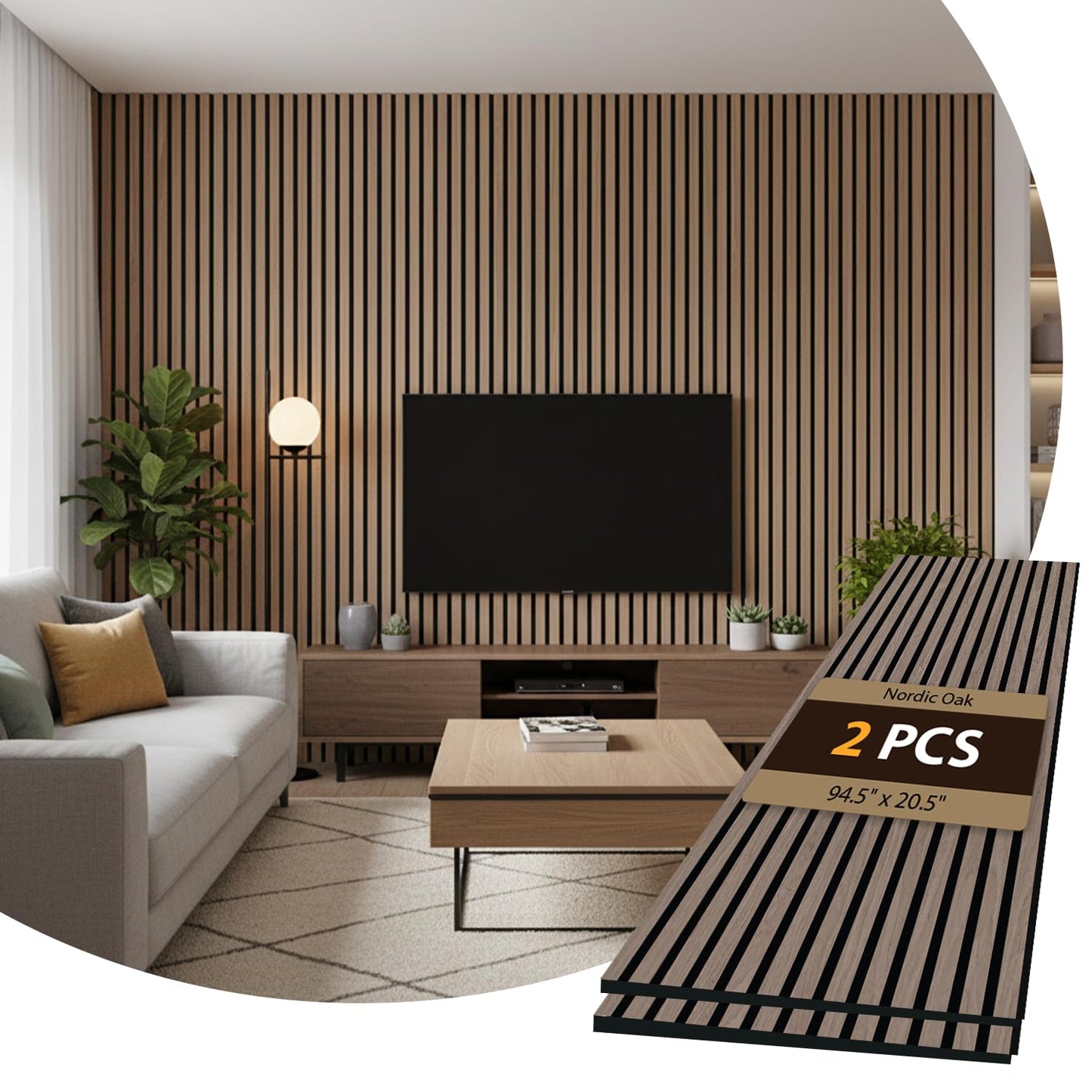 HOLNURY 2-Piece Wood Slat Acoustic Panels - 94.5" x 20.5" - 3D Fluted Sound Absorbing Wall Panels with Wood Finish - Noise Reduction & Modern Design Nordic Oak