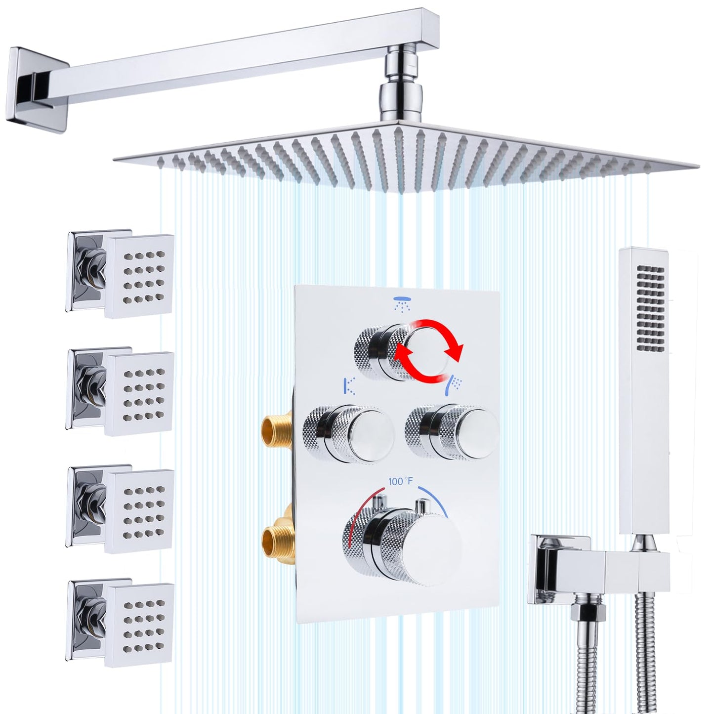 NPYSVSSS Rain Shower System,12 Inch Wall Mounted Rain Shower Head with Body Jets and Handheld Shower, Push Button Thermostatic Shower Faucet Set, Can Use all Options at a Time, Polished chrome