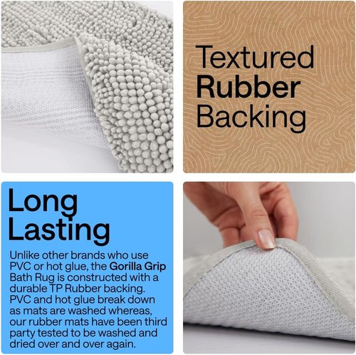 GORILLA GRIP Bath Rug Mat - Soft Absorbent Chenille | Quick Dry Microfiber, 60x17, Light Gray