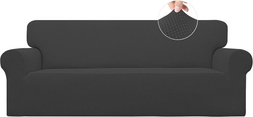 Easy-Going Stretch Sofa Slipcover - Soft Elastic Bottom Furniture Protector in Dark Gray, Small Checks