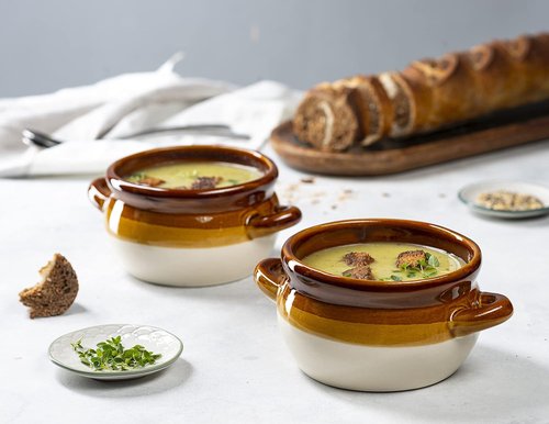 KooK French Onion Soup Bowl Set - Oven Safe Ceramic Crocks with Handles | 16oz & 18oz Capacity, Set of 4