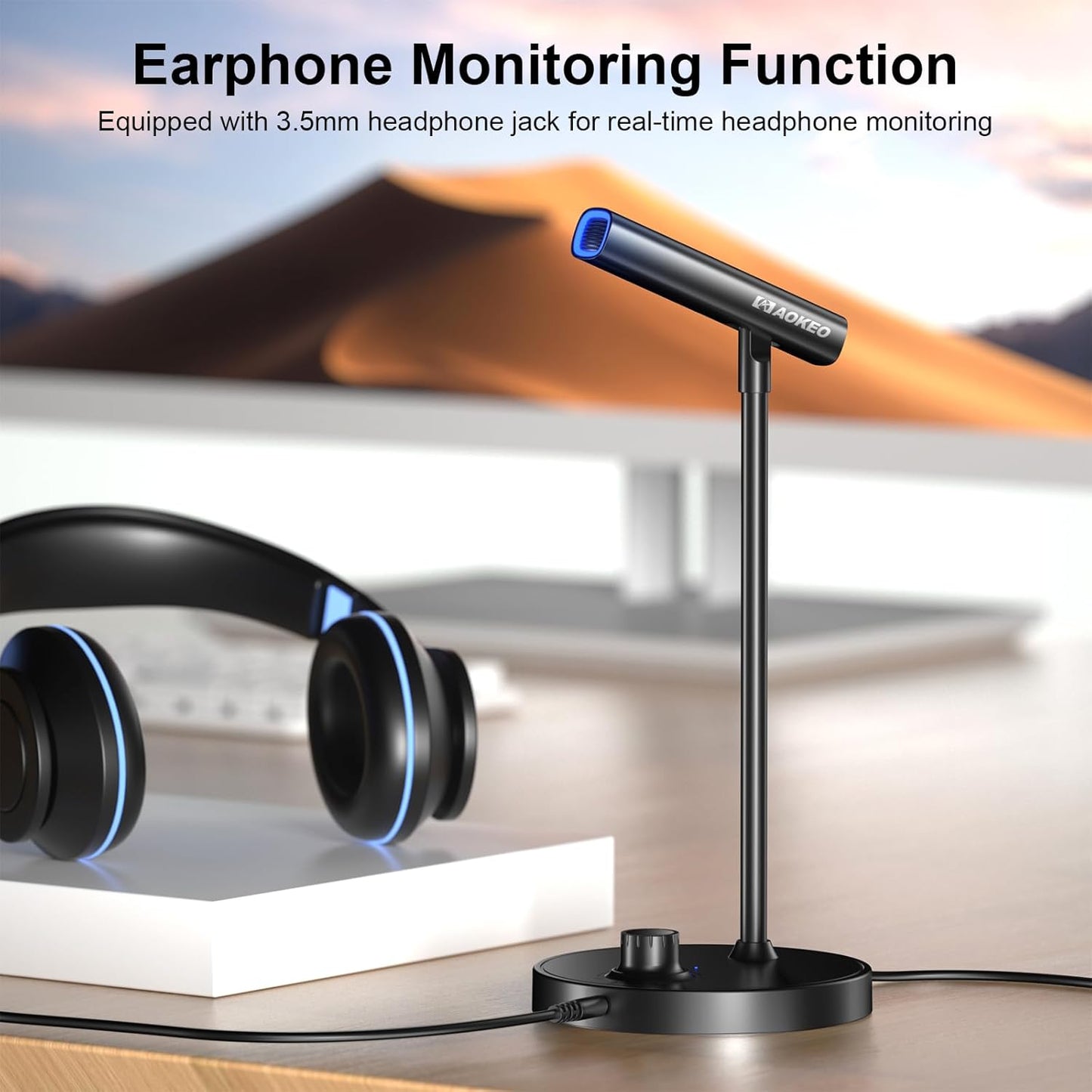 Aokeo USB Desktop Microphone, Computer Microphone for PC with Noise Cancellation & Click to Mute Function