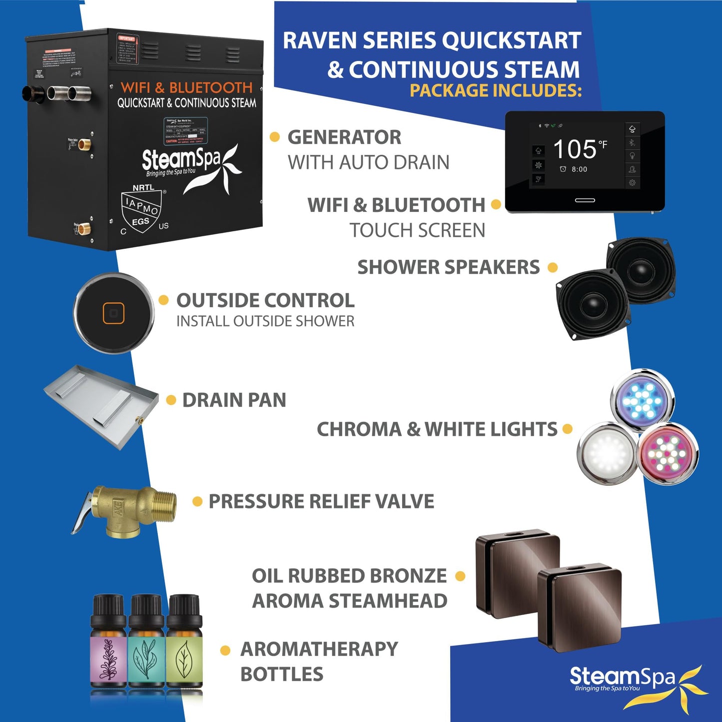 SteamSpa Steam System 12kW Steam Shower Generator with Bluetooth Wifi, Quickstart Continous Steam, Advanced Touch Pad Screen, Chroma Lights, Drain Pan and Auto Drain Oil Rubbed Bronze RVBS1200ORB-A