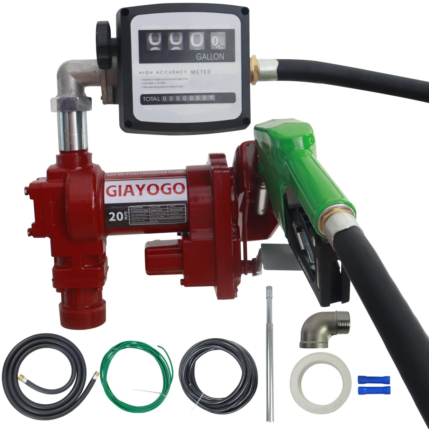 GIAYOGO Fuel Transfer Pump DC 12 Volt 20 GPM High Flow,w/Automatic Green Nozzle,Mechanical Gallons Meter.Heavy Duty Gas Fuel Pump for Gasoline,Diesel, Kerosene,Ethanol Blends,Methanol Blends,Biodiesel