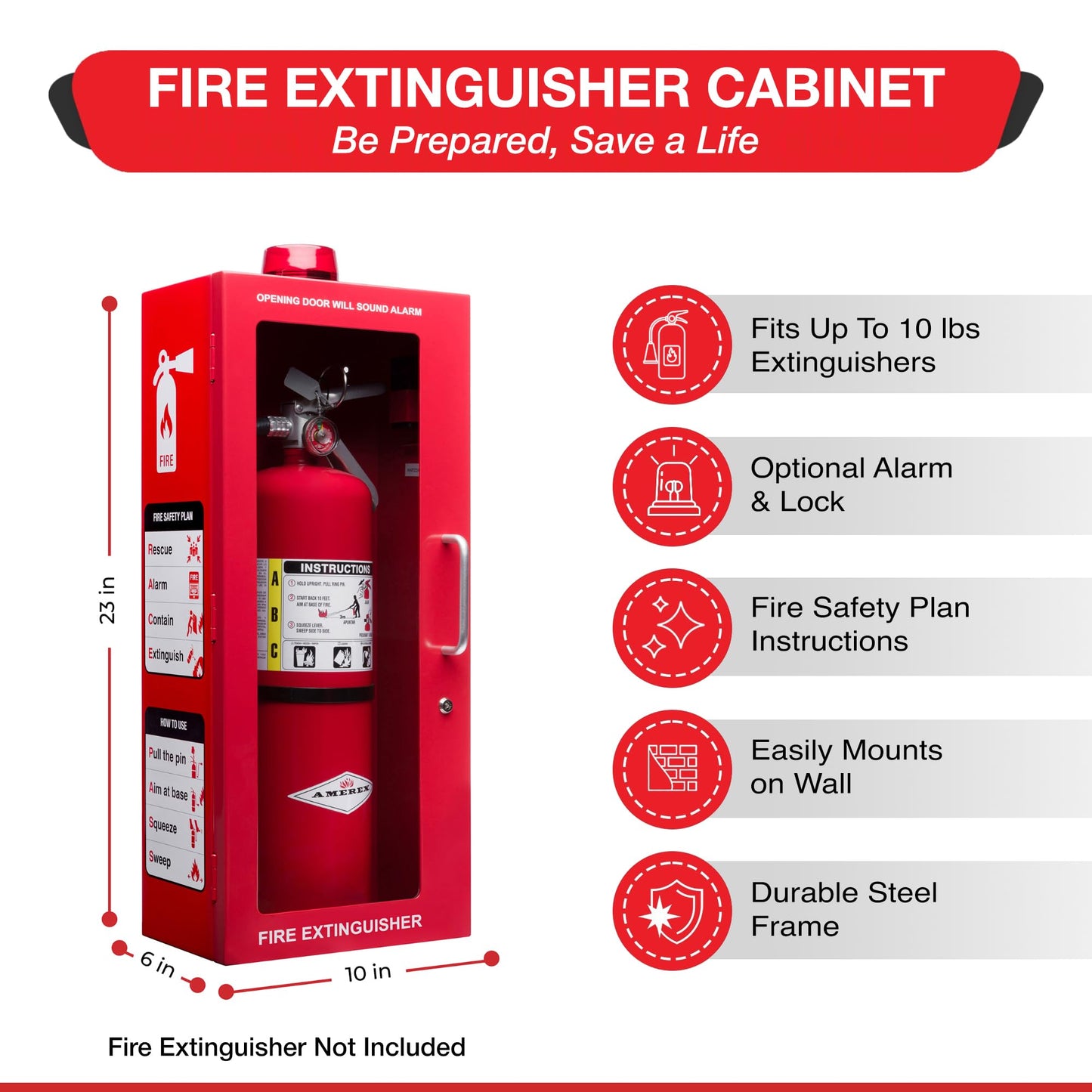 10 lb Fire Extinguisher Cabinet with Alarm, Lock, & Breakable Acrylic Window | Wall or Surface Mount | Fits 5 lb and 10 lb Extinguishers | Fire Safety Instructions Included (10 lb) (Red)