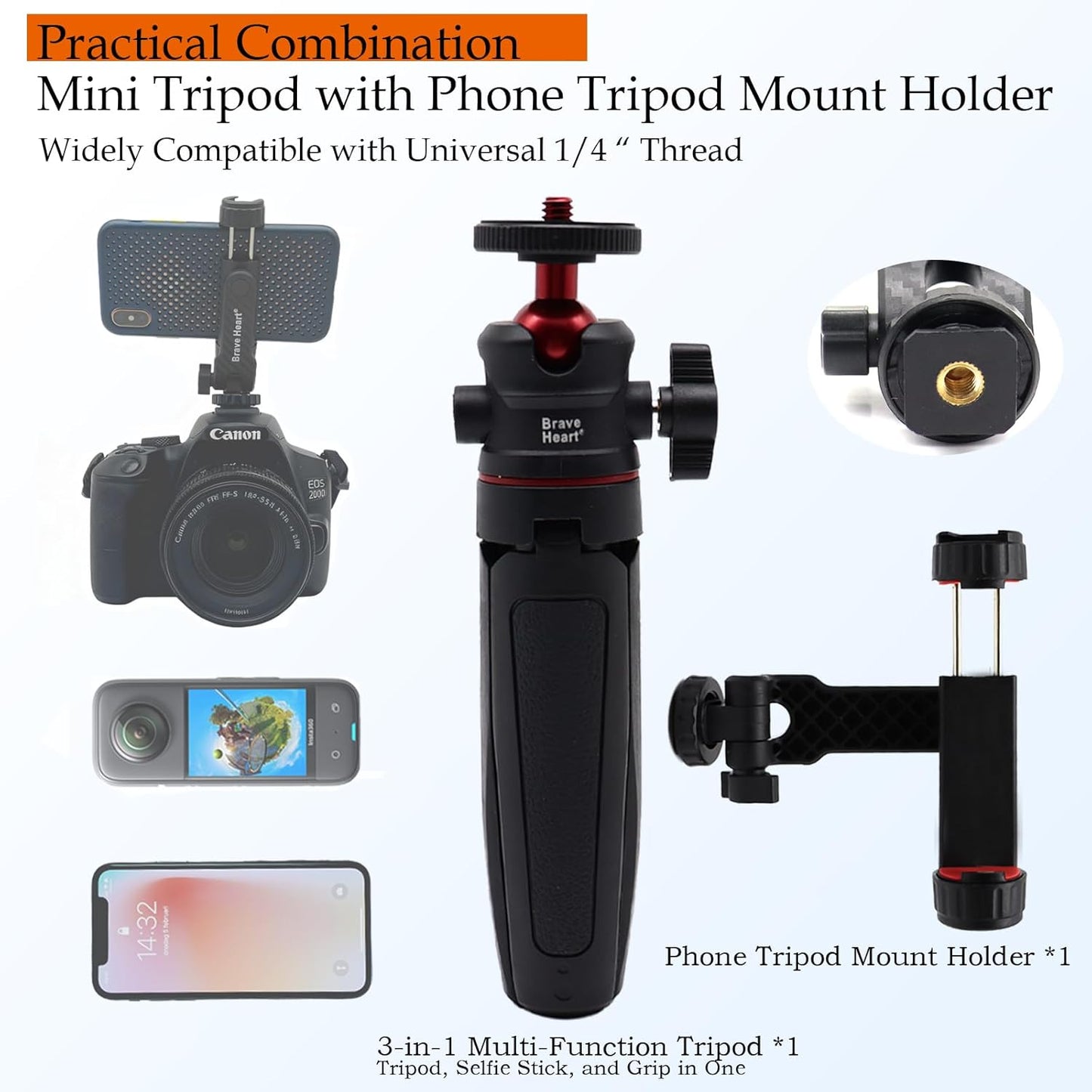 Byrgfkjt 360 Extendable Selfie Stick & Mini Tripod, Rotatable Selfie Stick with Non-Slip Grip for Smartphones & Action