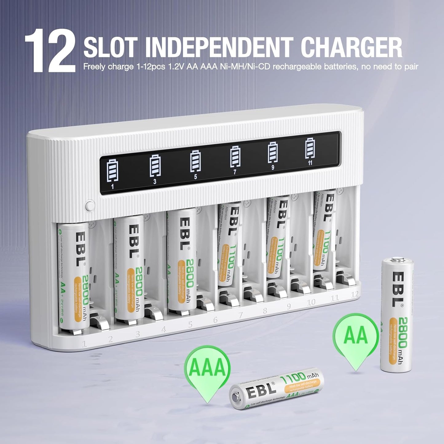 EBL 12-Bay AA AAA Battery Charger Independent LCD Charger for Ni-MH Ni-CD Rechargeable Batteries with Discharge
