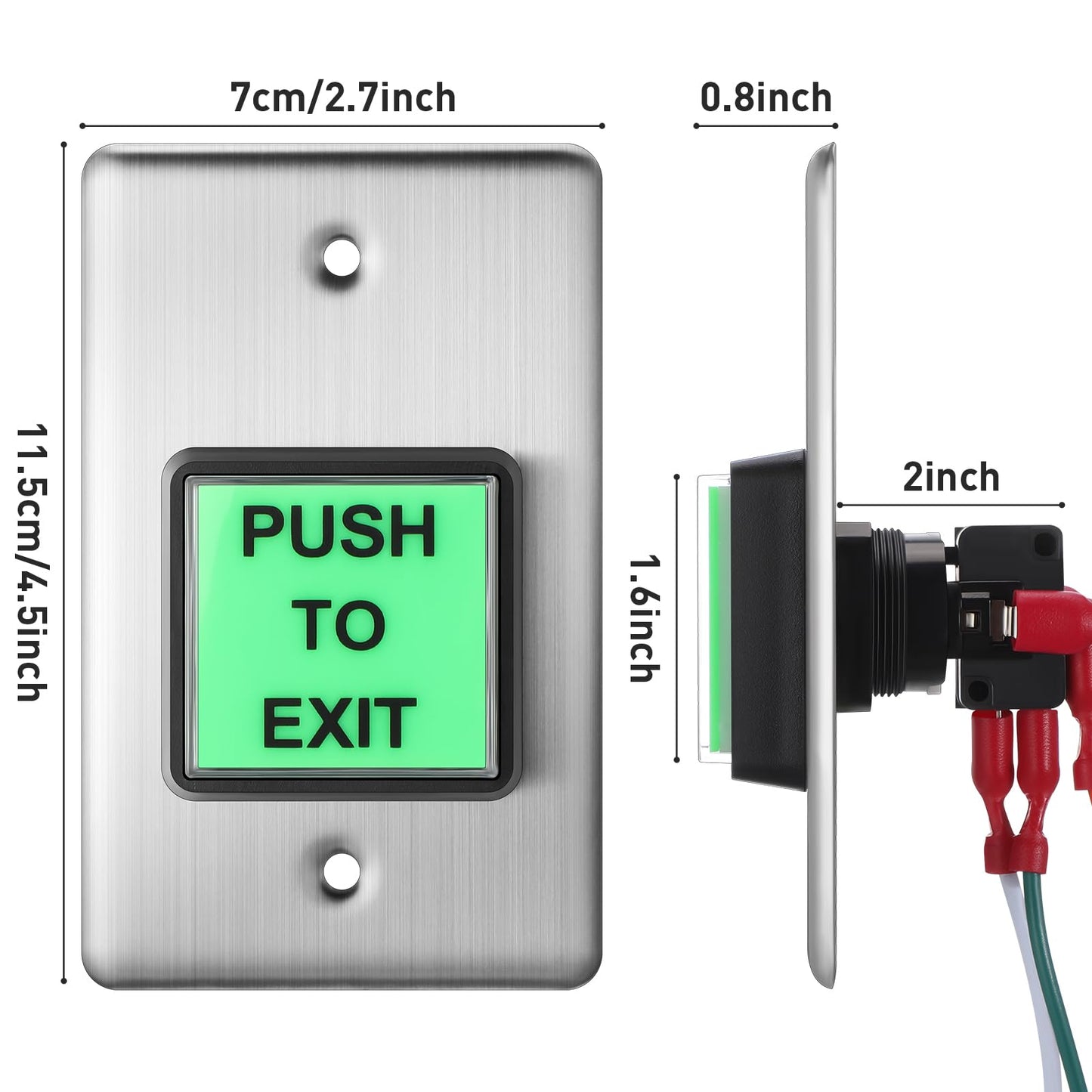 Tellegloww 4 Pcs Push to Exit Button Indoor Green Square Request to Exit Button Stainless Steel Wall Plate with Green LED Square