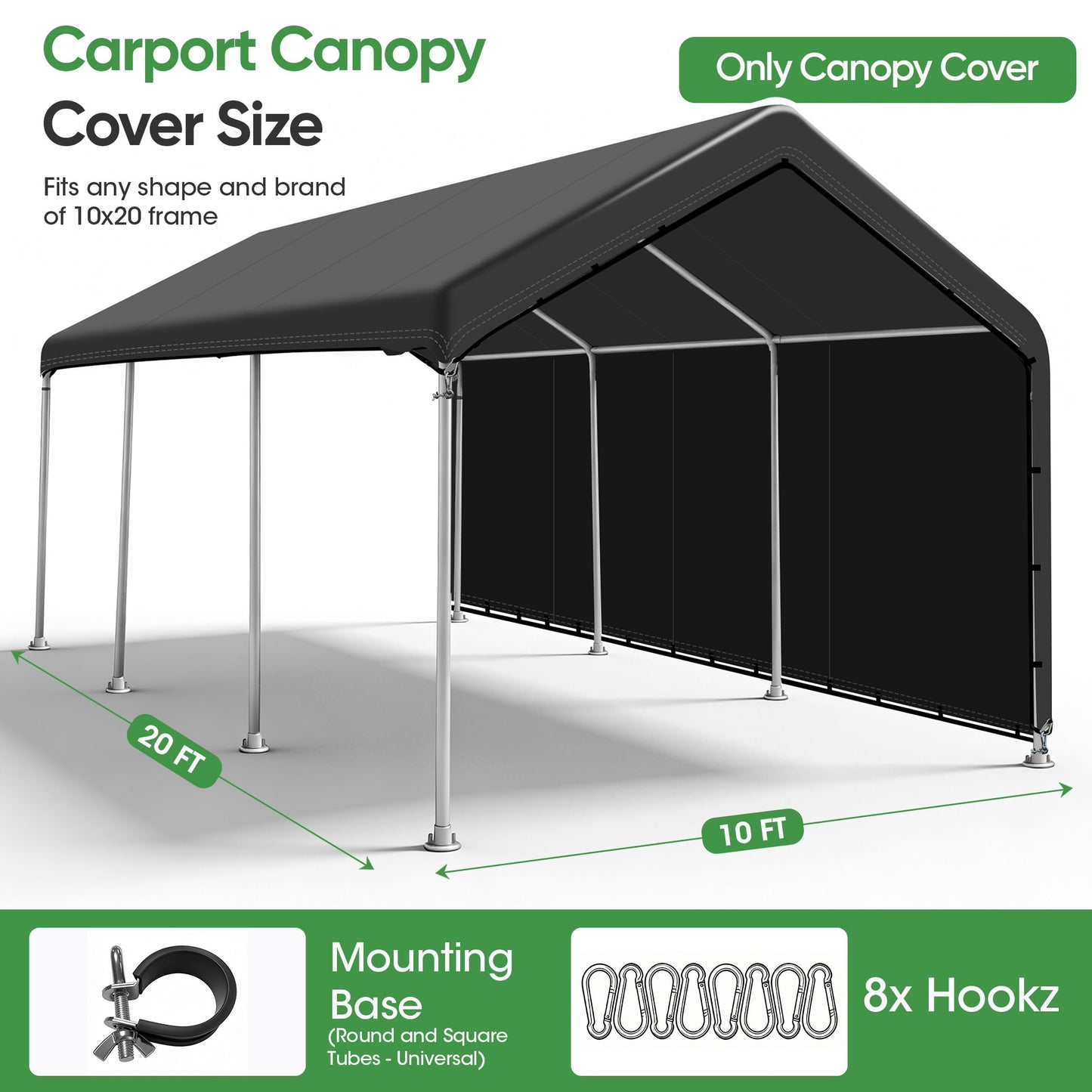SIHAIAN 10 x 20 Ft Carport Replacement Canopy Cover with Sidewall(No Frame) Easy to Set up Carport Canopy, 500D Heavy-Duty Garage Top Tent Tarp Waterproof and UV Protected (Only Canopy Cover) Black