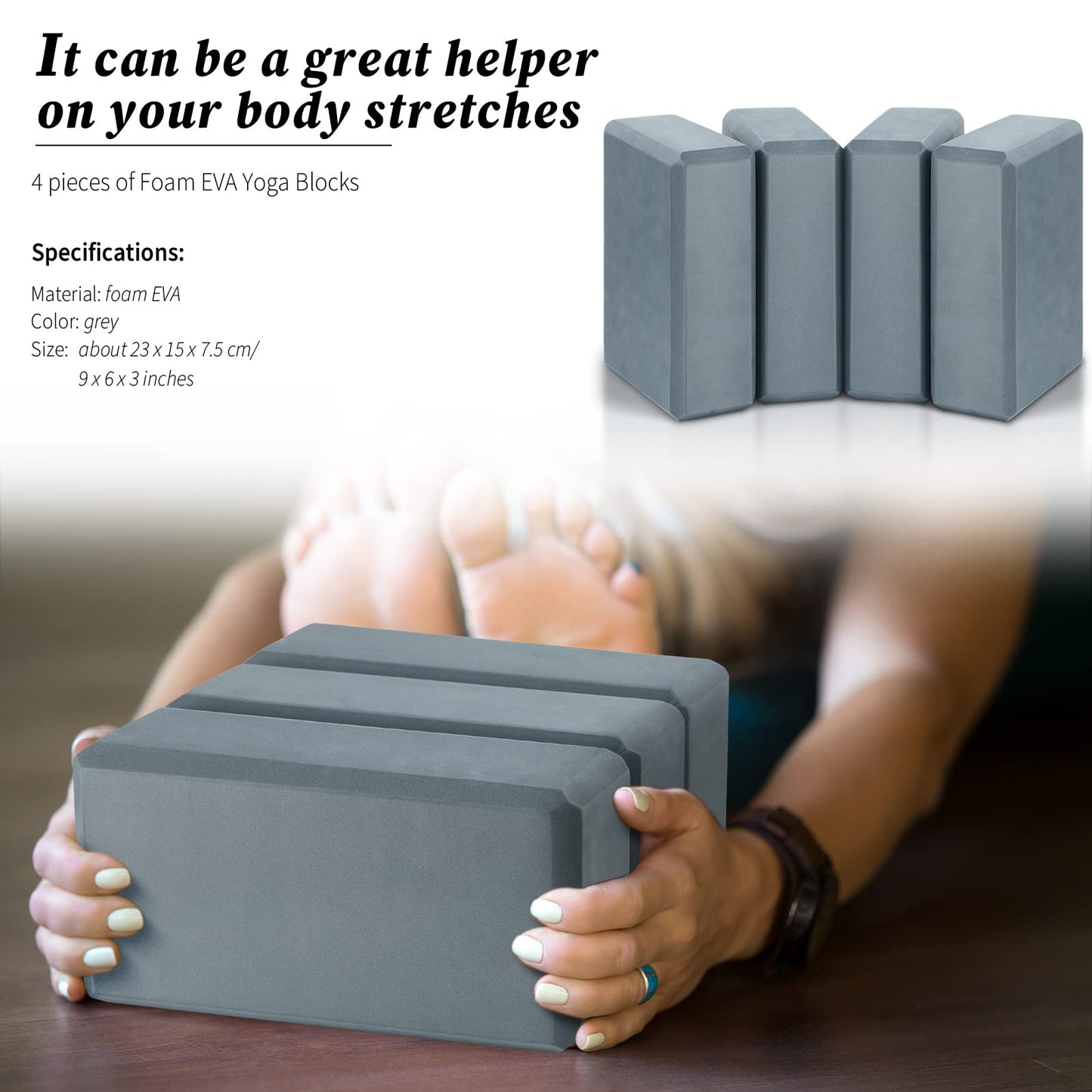 4 Pcs Yoga Blocks Soft EVA Foam Supportive Yoga Brick Non Slip Exercise Block Equipment for Pilates Exercise Workout Meditation Supplies, Grey, 9 x 6 x 3 Inches