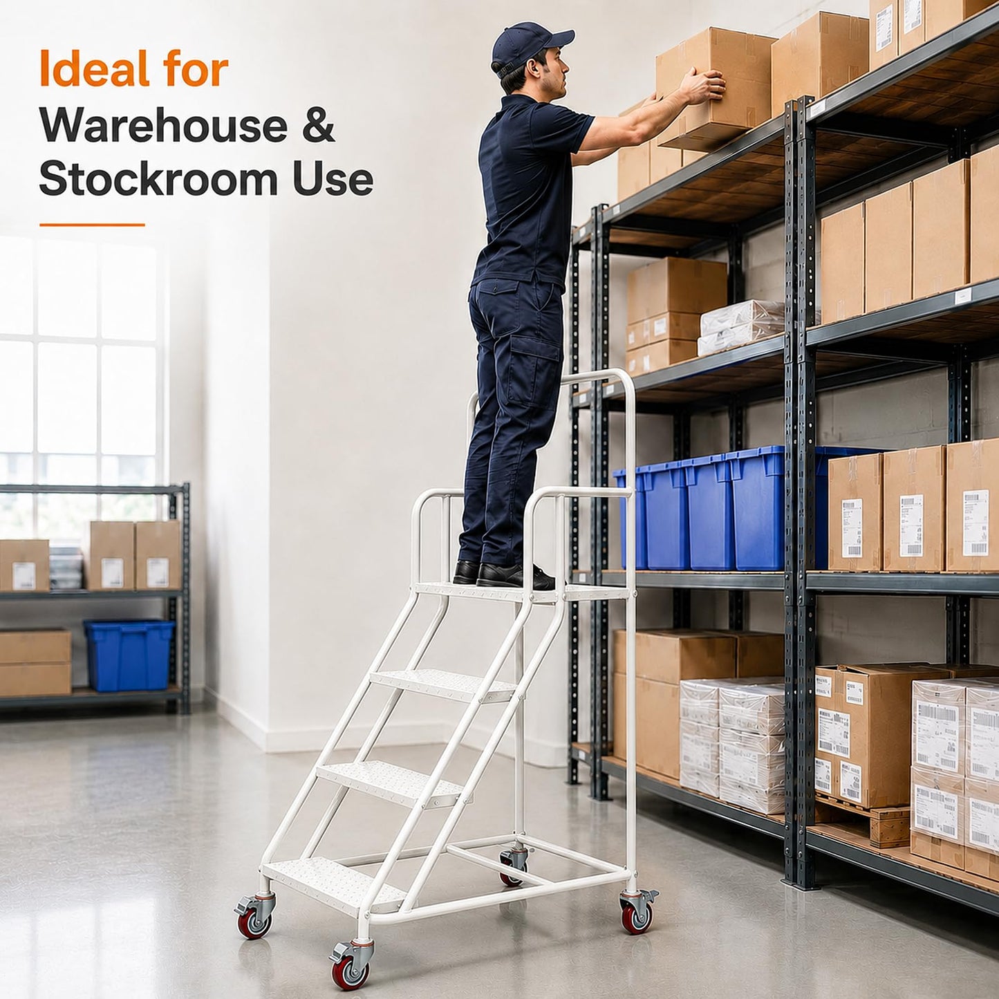 4 Step Rolling Ladder with Handrails, 880 lbs Capacity Heavy Duty Steel Mobile Warehouse Ladder with Locking Wheels, Non-Slip Rolling Stairs with Large Platform for Garage, Stockroom, Library