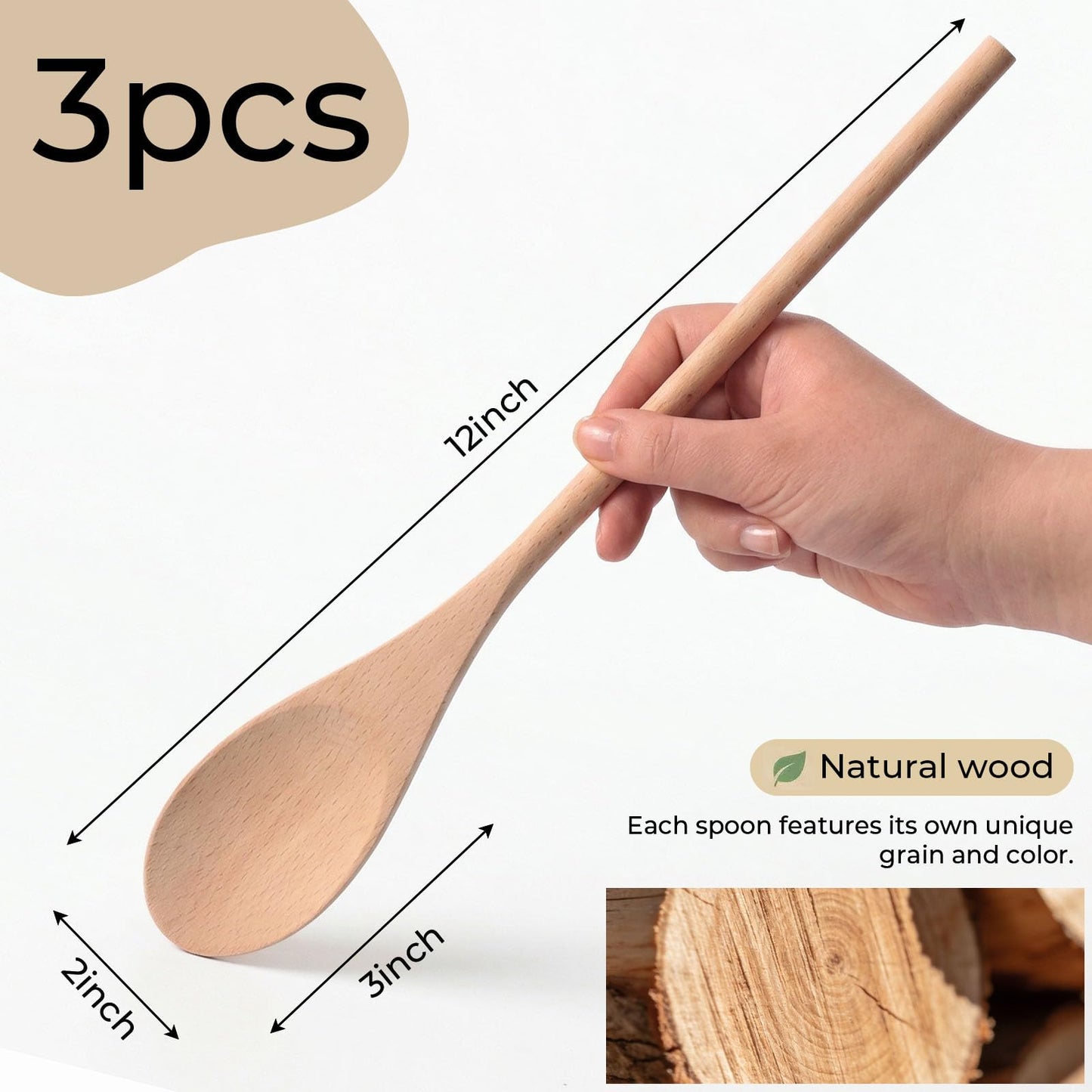 HANSGO 3PCS Wooden Spoons for Cooking, 12 Inch Long Handle Mixing Spoons for Baking, Tasting, Stirring Food, Hot Soups, Large Wooden Utensils for Nonstick Cookwares, Thoughtful Kitchen Gifts