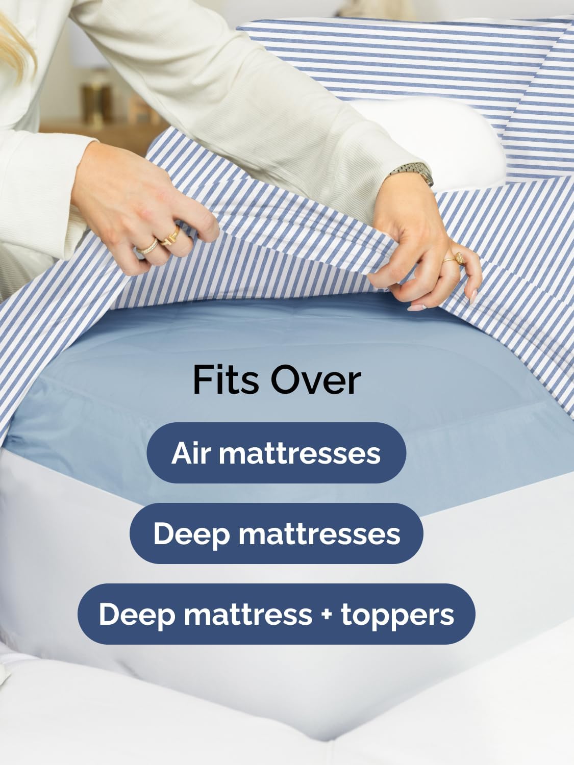 Skiennix Extra Deep Split King Sheet Set - 7 Piece Breathable Cooling Bedding - Soft Wrinkle-Free Blue Stripes
