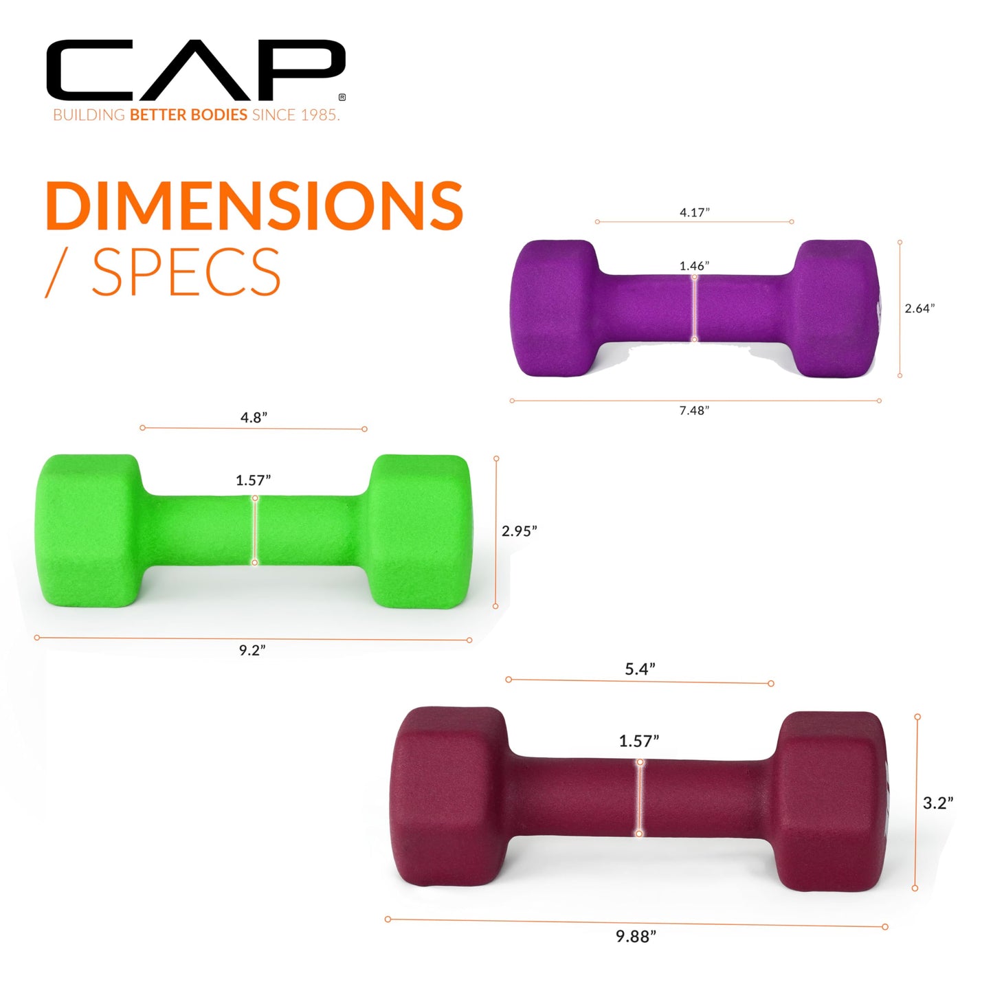 CAP Barbell 100 LB Set of Neoprene Dumbbells with Rack Color Series | 5, 8, 10, 12 and 15 LB pairs