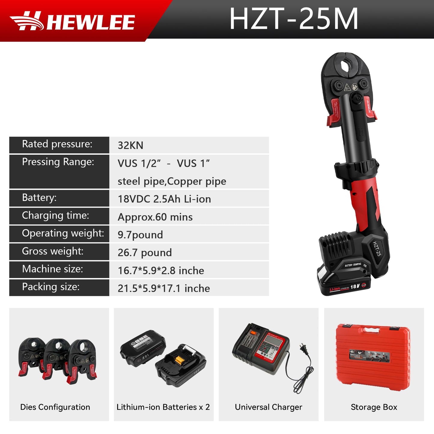 HHEWLEE MINI Press Tool for Copper Pipe, Battery Powered Pro Press Copper Crimper tool 32KN for US Standard 1/2", 3/4", 1" Copper Tube and Stainless Steel Tube, 2.5Ah Battery Set(HZT-25M)