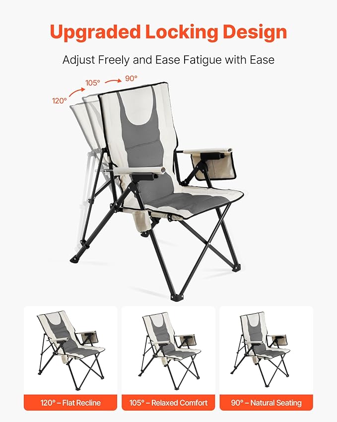 VEVOR Folding Camping Chair, 3 Reclining Positions, Outdoor High Back Camping Chair, 260lbs Weight Capacity, Full Padded Beach Chairs with Armrest & Headrest, Portable Lawn Chairs for Sports Travel