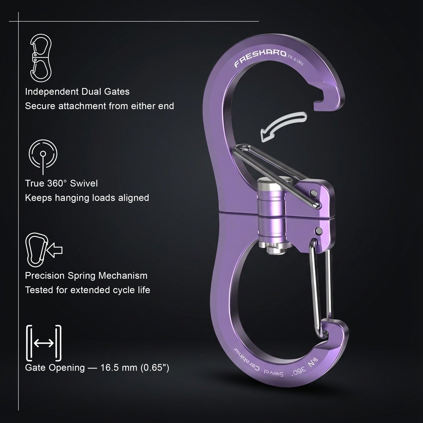 FresKaro 1kN Carabiner Clips, Heavy Duty Double-Ended Wire Gate Carbineers, Small Non Locking Carabiners, Key Clip and Keychain Hook, Strong Aluminum Spring Snap Karabiners, 360 Swivel, Purple 5pcs