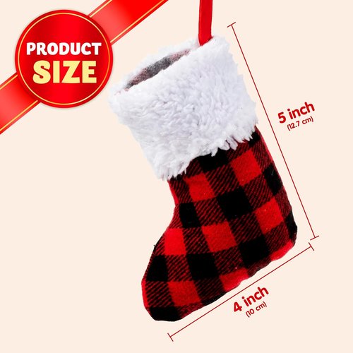 JOYIN 24 PCS Mini Christmas Stockings - Red Black Plaid Holiday Decor for Trees & Parties