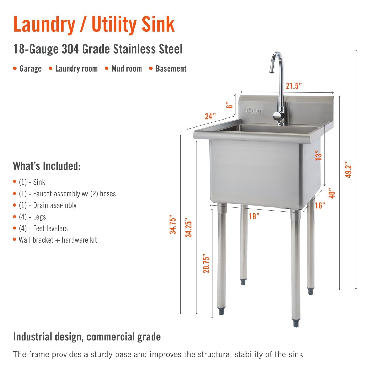 TRINITY BASICS 21.5in Freestanding Stainless Steel Utility Sink, NSF Sink For Laundry Room, Garage, Shop, Kitchen Prep, Food Truck, Dog Wash, with Hot/Cold Pullout Chrome Faucet, 21.5” x 24” x 49.2”
