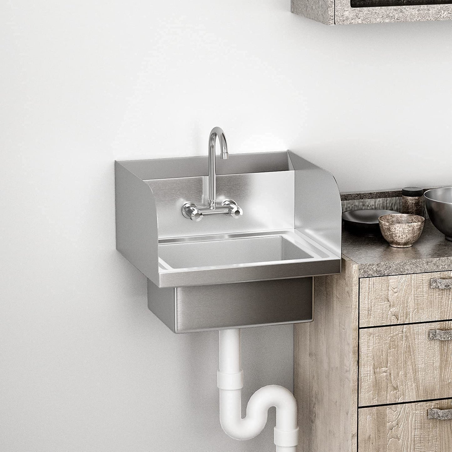 Bonnlo Upgraded Commercial Hand Wash Stainless Steel Prep/Bar Sink with Side Splash Guard - Wall Mount Utility Sink Hand Washing Basin with Faucet for Commercial Restaurant RV Kitchen