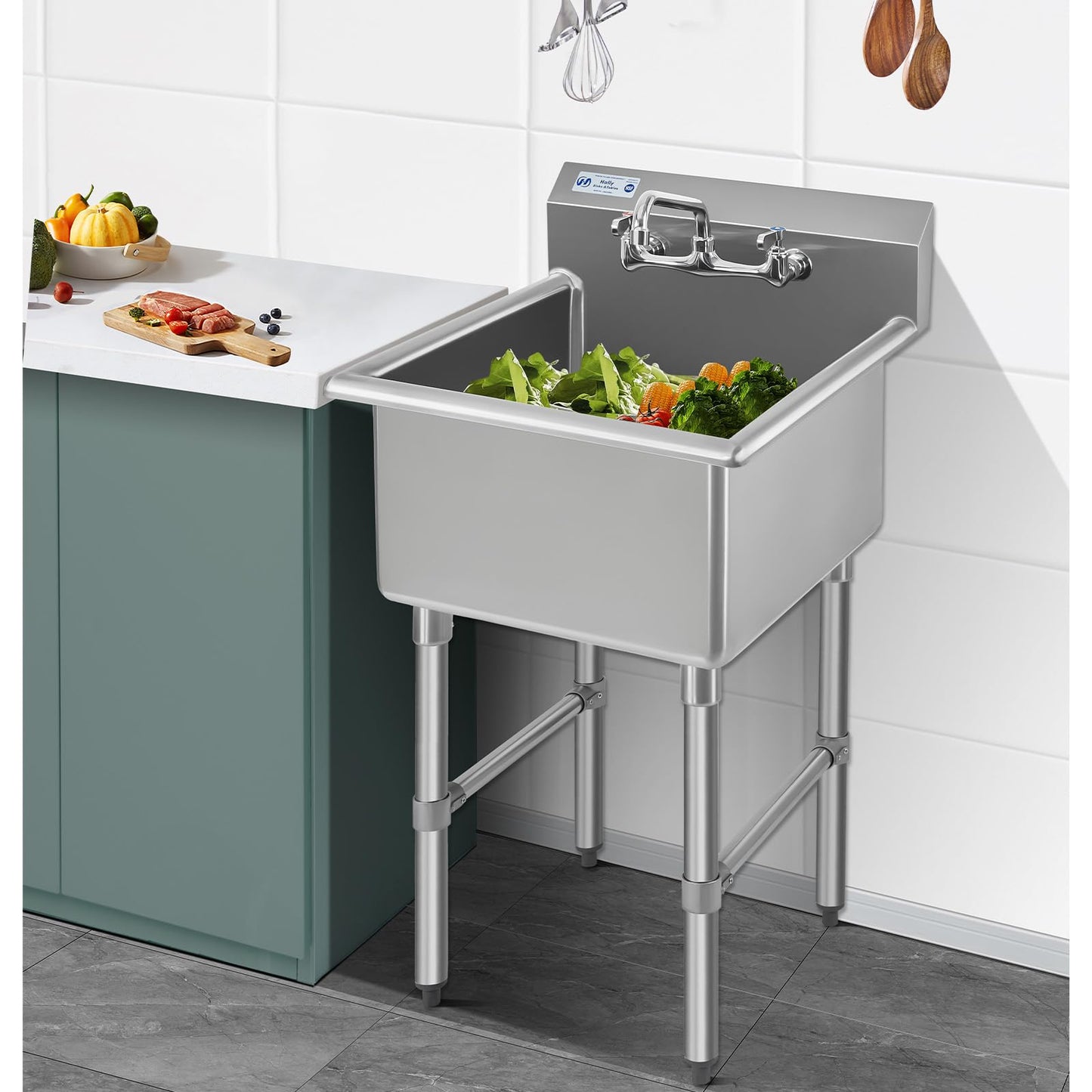 HALLY Commercial Stainless Steel Sink 1 Compartment NSF Prep & Utility Sink with 8" Faucet 15" L x 15" W x 12" D Bowl for Bar, Restaurant, Kitchen, Hotel and Home