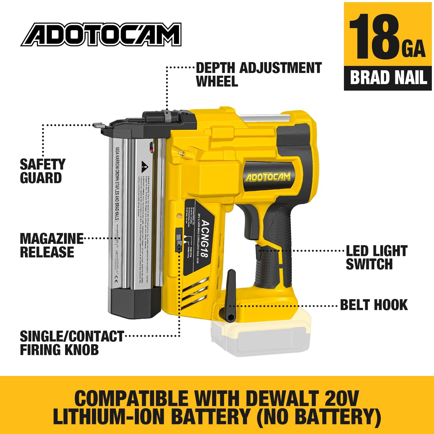 Cordless 2" Brad Nailer Compatible with DeWalt 20V Battery(No Battery), 2 in 1 Electric Nail Gun/Staple Gun,18GA Nail Gun Battery Powered with 1000 Nails/Staples for Woodworking & Home Improvement