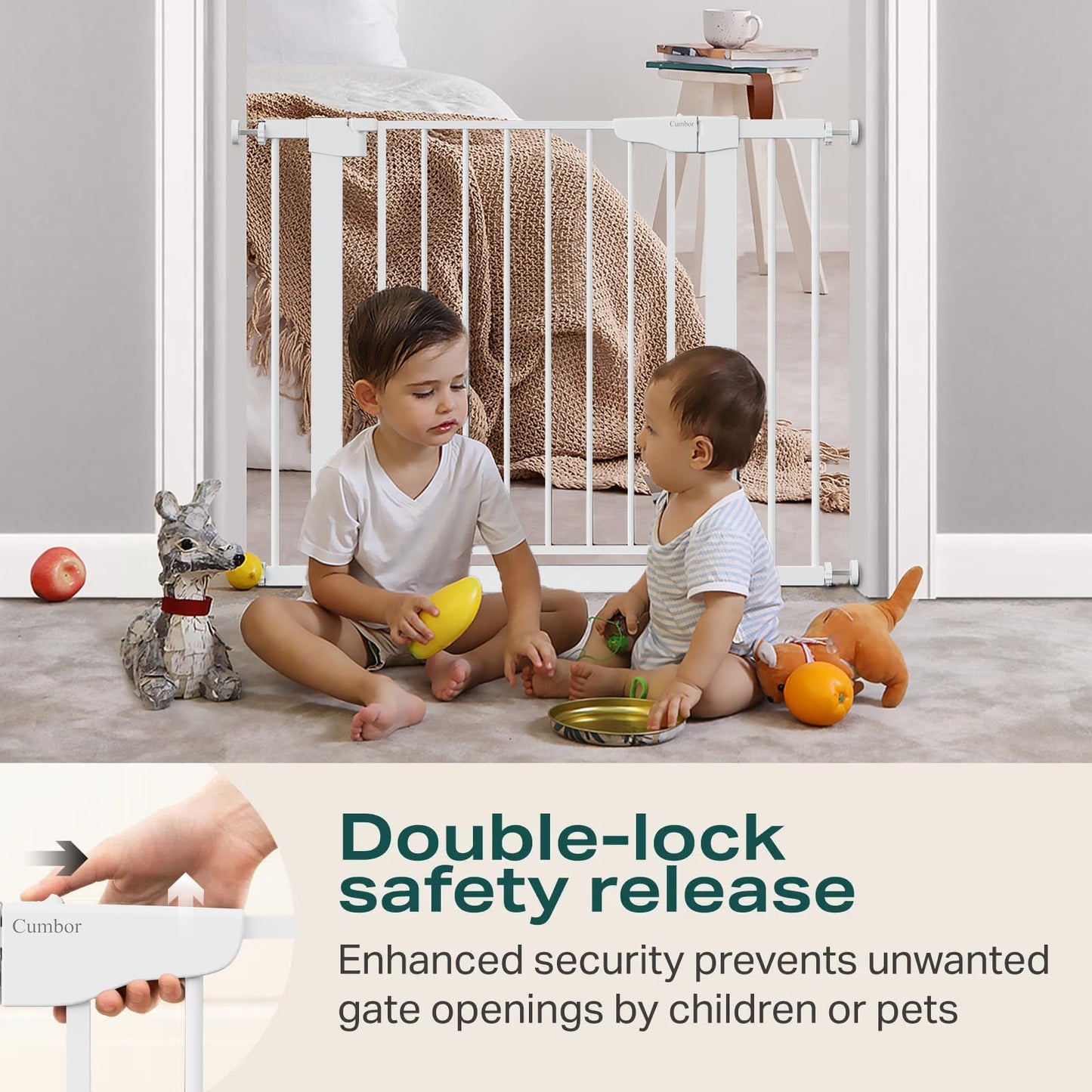 Cumbor 29.7-40.6" Baby Gate for Stairs, Mom's Choice Awards Winner-Dog Gate for Doorways, Pressure Mounted Auto-Close Pet Gates for Dogs Indoor, Safety Child Gate with Easy Walk Thru Door, White