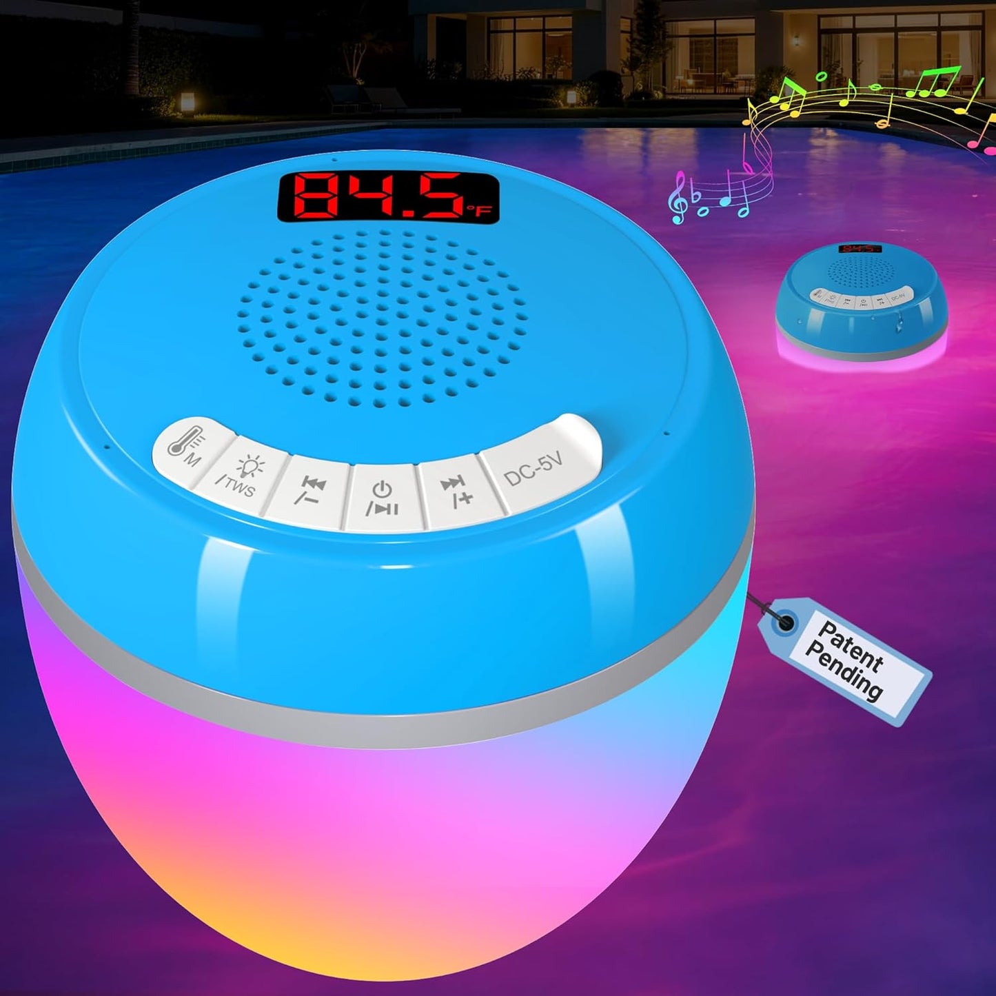 FluSing 3 1 IP68 in Floating Pool Speaker with Digital Thermometer,Bluetooth Pool Speaker with Colorful Lights,TWS