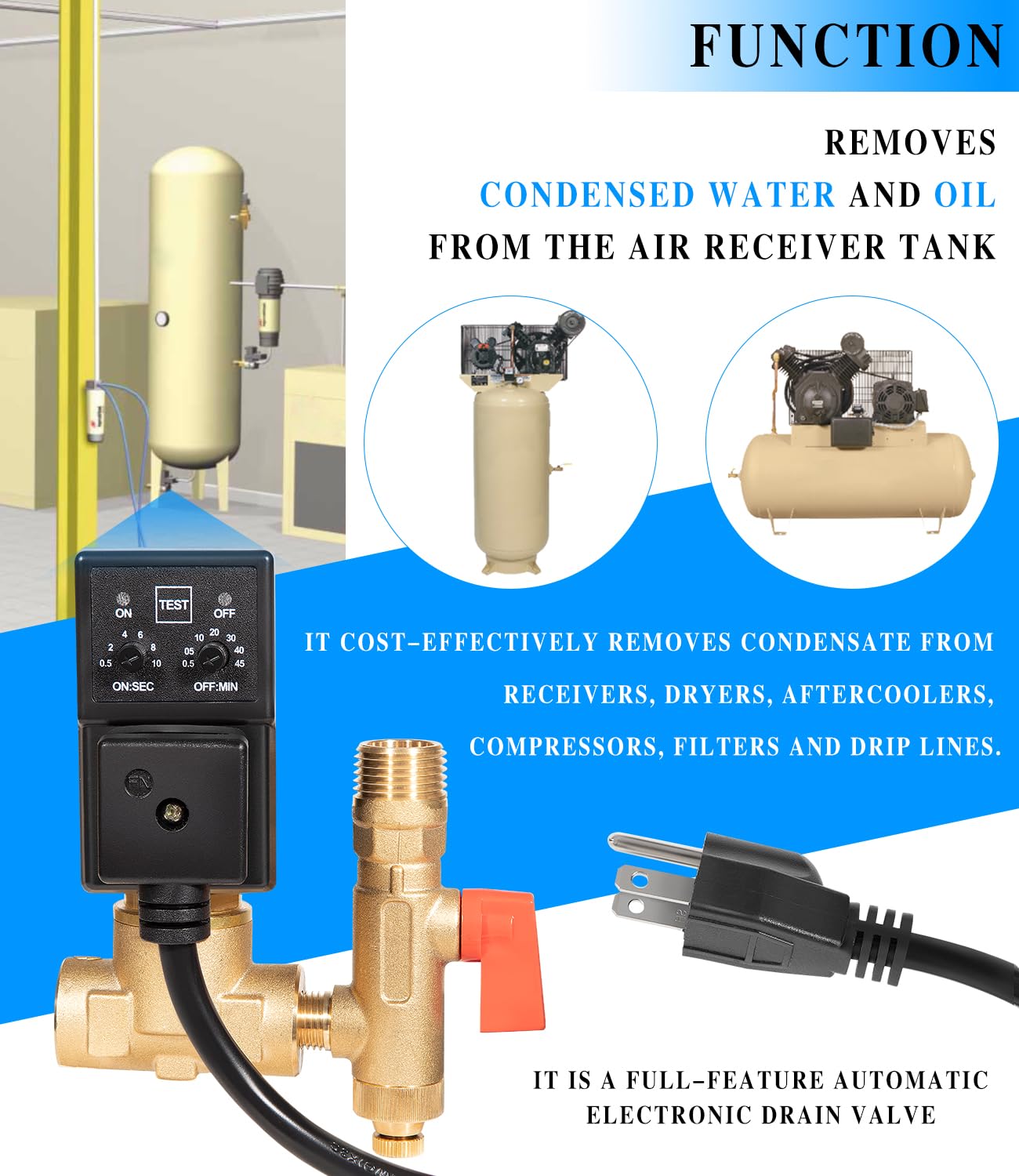 Replacement for Edv200 Automatic Electronic Drain Valve Removes Condensed Water And Oil From The Air Receiver Tank 1/4 NPT 110/120v 7/16" ORF