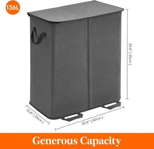 Lifewit Double Laundry Hamper - Large Collapsible Basket with Lid & Removable Bags | 136L Black