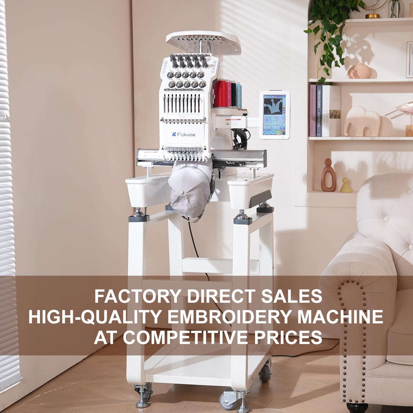 Fokuse brand FKS-1001 Commercial Embroidery Machine with 10 needle, Embroidery Area 14.2"x9.5", 1200SPM Max Speed, 7" Touch Screen, suitable for T-shirt, Hat, Flat, Bag and more
