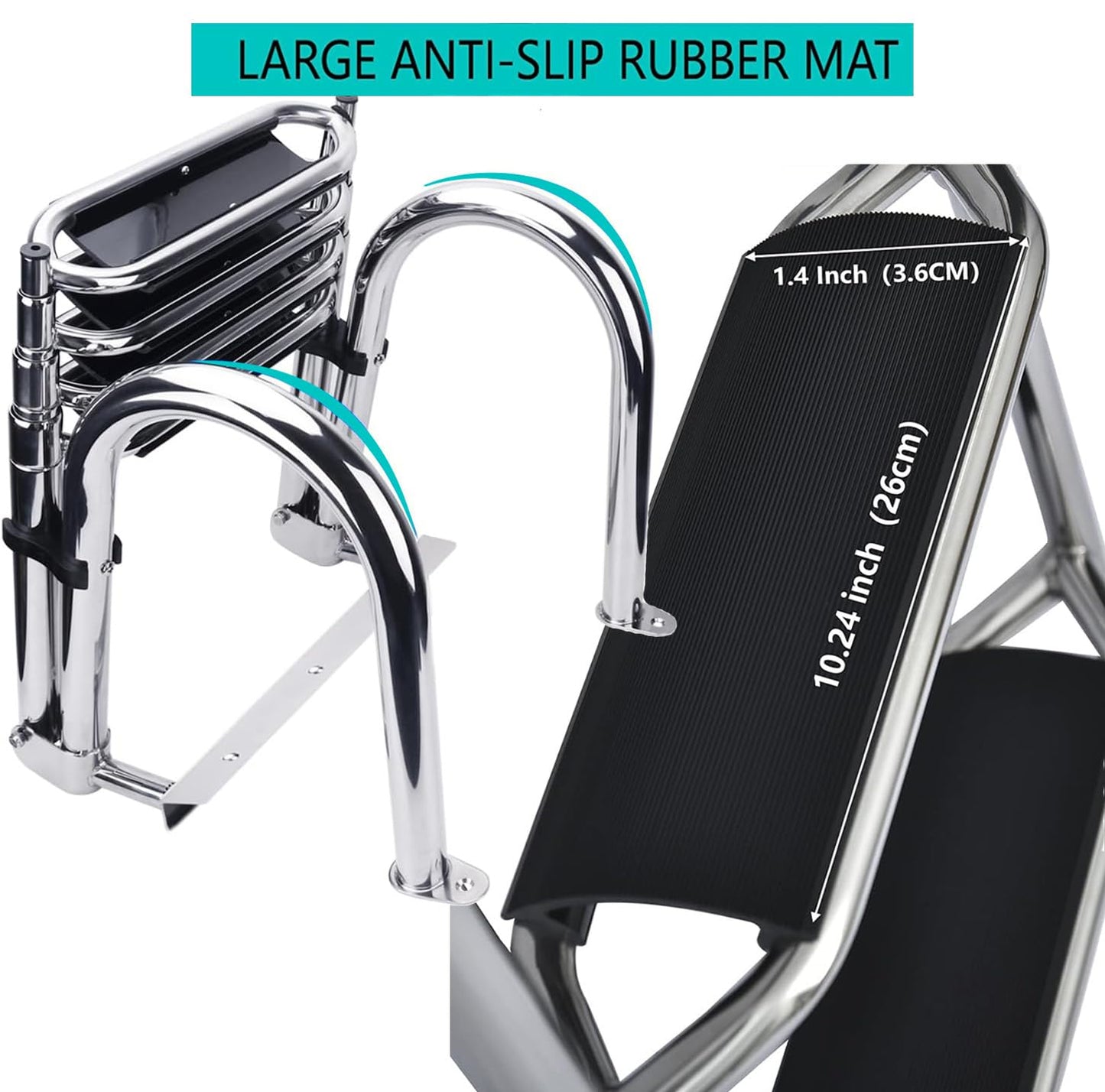 4 Step Pontoon Boat Ladder, Stainless Steel Telescoping Heavy Duty Pontoon Swim Boarding Ladder for Outboards, Yacht, Fishing Boat, Swimming Pool Dock Ladder, with Nonslip Steps ﻿