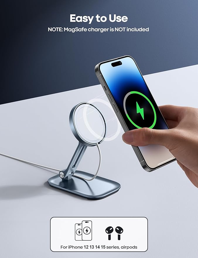 Lamicall Phone Stand for Apple 15W MagSafe Charger - Collasple Adjustable Charging Holder Dock Cradle for Desk, Compatible with Airpods, iPhone 16 15 14 13 12 Plus, Pro, Pro Max, Grey [Stand Only]
