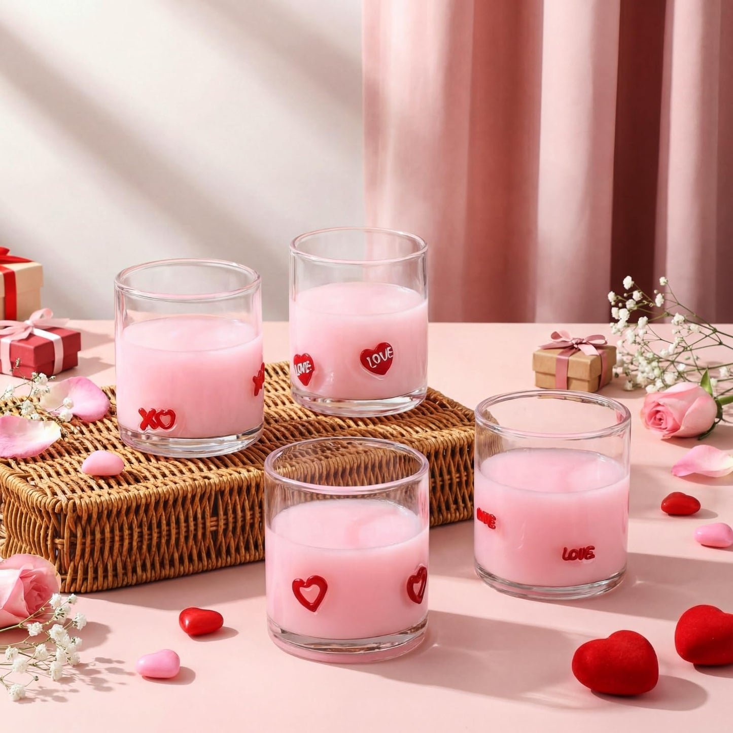 Skylety 8 Pcs Valentines Day Icons Juice Glasses Heart Love Drinking Cups Old Fashioned Stemless Wine Glasses 13.5 oz Whiskey Cocktail Coffee Mugs for Galentines Party Gift Decor