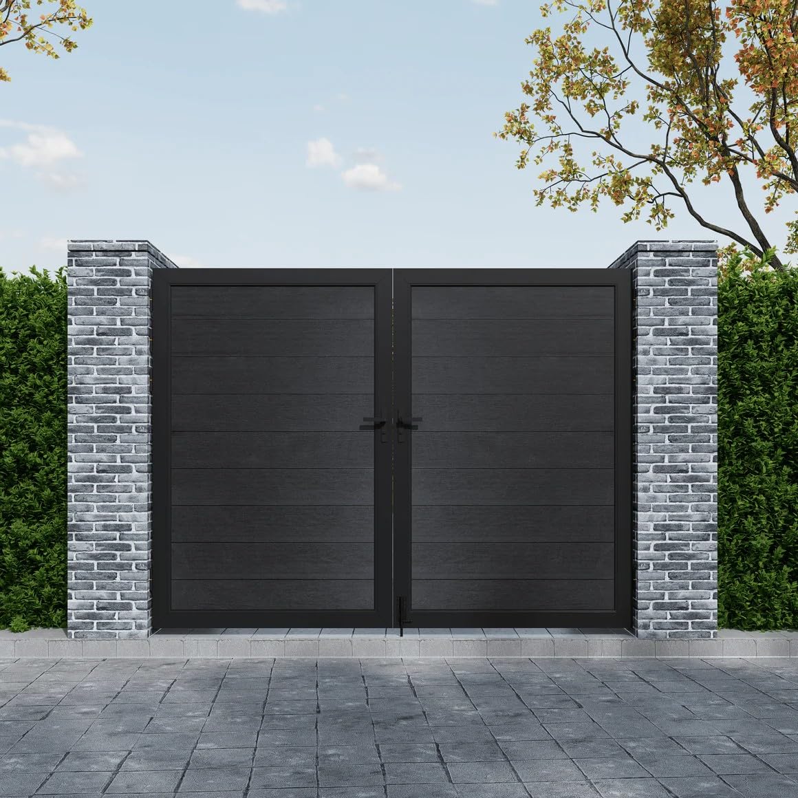 Mondaria Wood Plastic Composite Gate for Privacy Fence, 6ft(H)*6ft(W) Double Fence Gate with Metal Frame and Knob Kits, Black (Without Post)