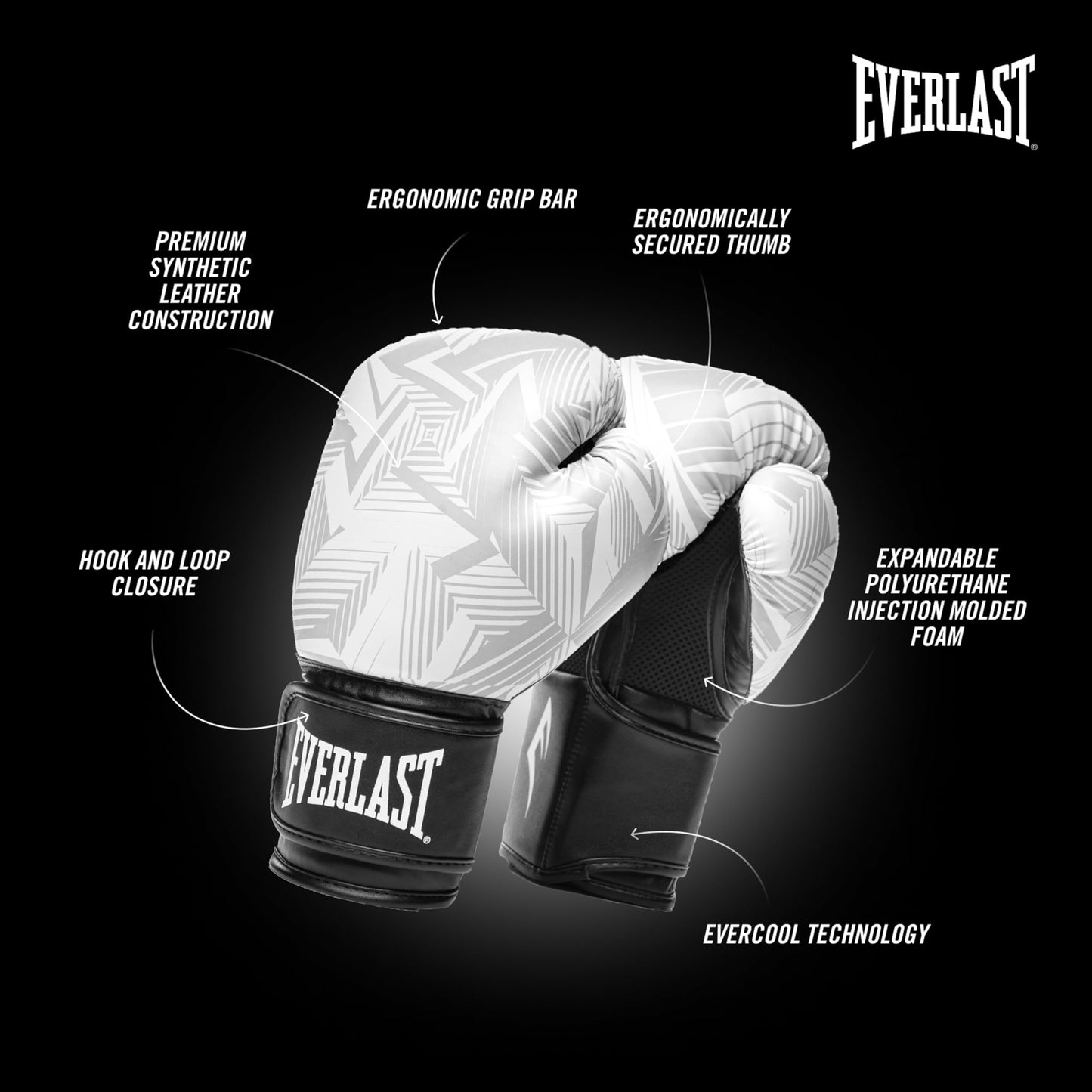 Everlast Spark Boxing Gloves | Training Gloves for Men and Women | Secure Fit Hook and Loop with Wrist Support | Heavy Bag & Fitness Training (14 oz | WHT Geo)