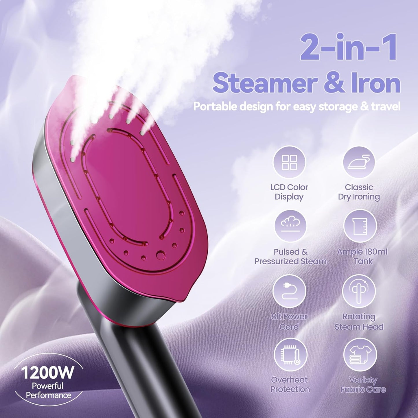 Skiennix Portable Handheld Travel Steamer - 2-in-1 Iron & Steamer with LCD Display, 1200W Fast Heat-Up, 180ml Tank for 20 Min Wrinkle Removal