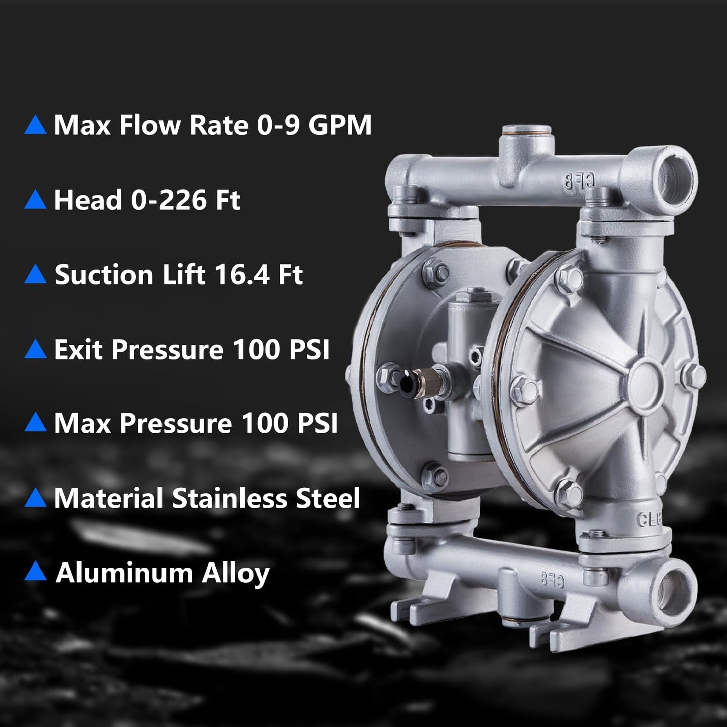 Double Diaphragm Pump Air Operated 1/2 inch Inlet/Outlet Pneumatic Waste Oil Transfer Pump for Chemical QBK-15P 9 GPM Dual Diaphram Polypropylene Nitrile Rubber by Stainless Steel Iron 120 PSI