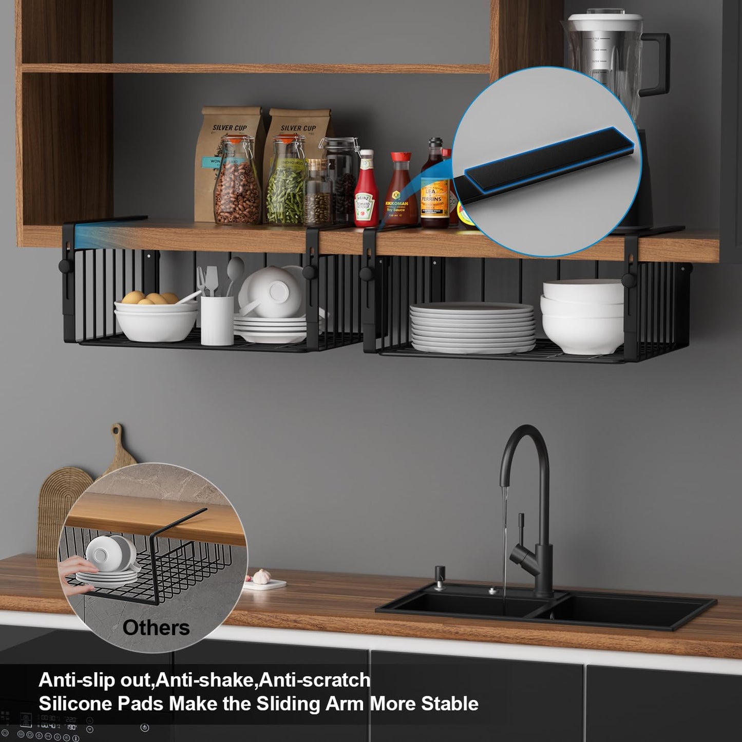 AmonHouseware 2 Pack Hanging Under Shelf Storage Basket,Adjustable Under Cabinet Add-on Storage Racks Slide-in Baskets Organizer for Laundry Room Kitchen Pantry Desk Bookshelf, Black