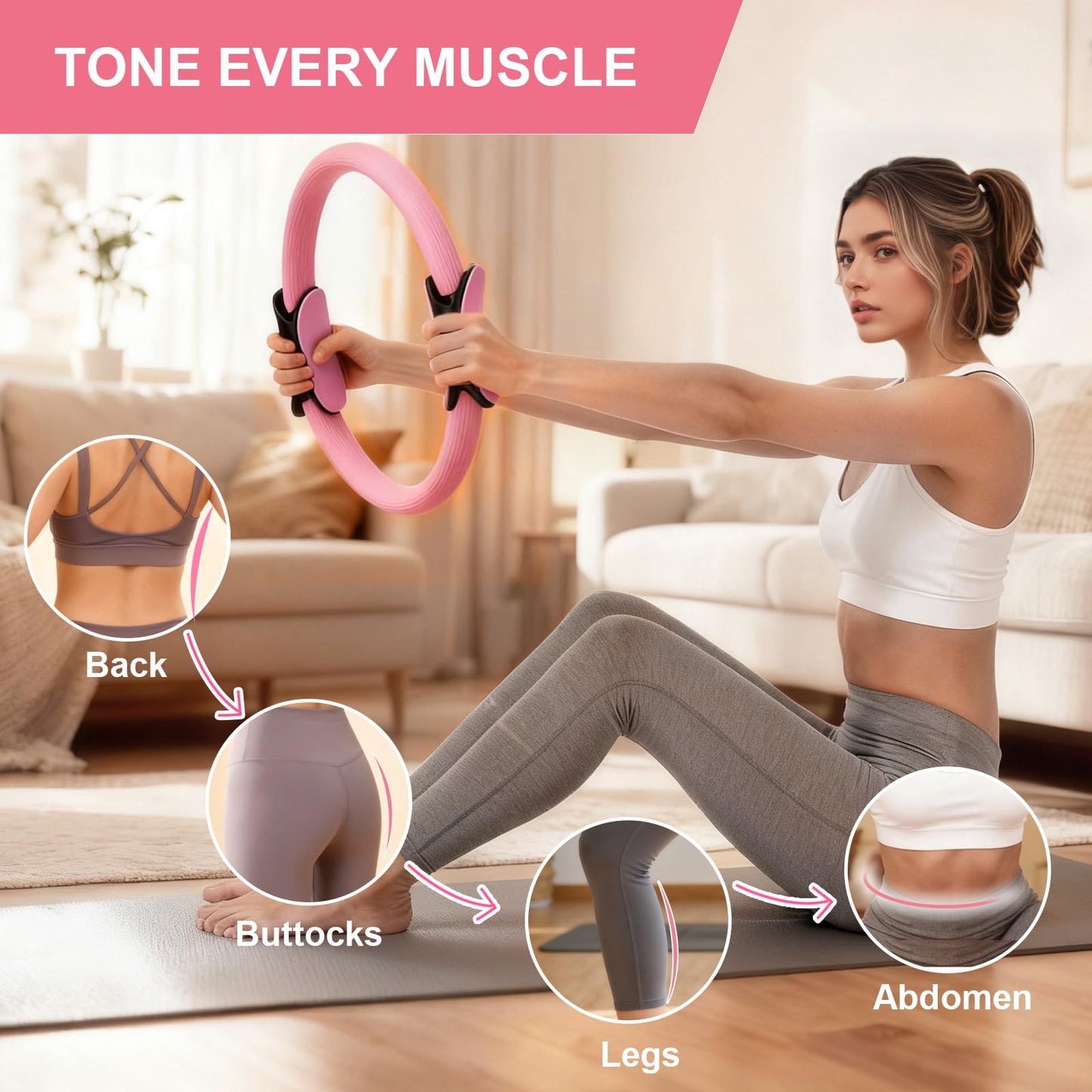 BYYNNE Home Pilates Kit for Women - 14 Pcs Pilates Equipment Set with P-ilates Ring and Ball, 5 Resistance Bands Etc Accessories for Beginners Home Workouts - Includes Workout Guide (Pink)