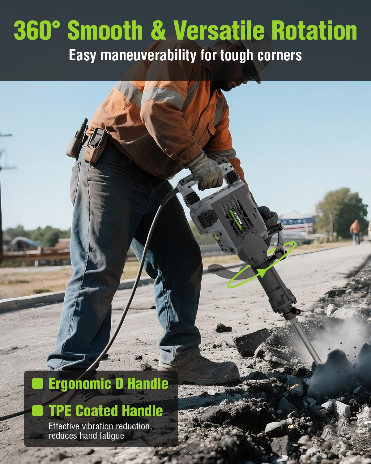 WORKPRO 60 J Demolition Jack Hammer – 15A Heavy Duty Electric Concrete Breaker, 1900 BPM Industrial Jackhammer with 2 HEX30 Chisels, UL Plug, Wheeled Carry Case for Construction & Renovation